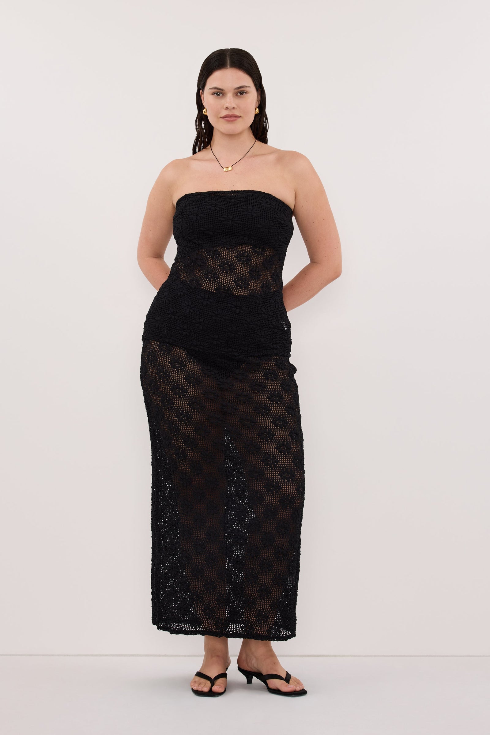 AGNES BLACK CROCHET COLUMN MIDI SKIRT