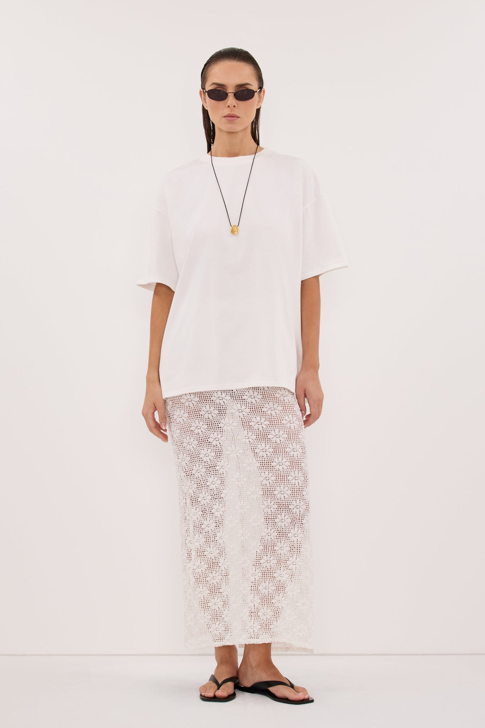 AGNES WHITE CROCHET COLUMN MIDI SKIRT