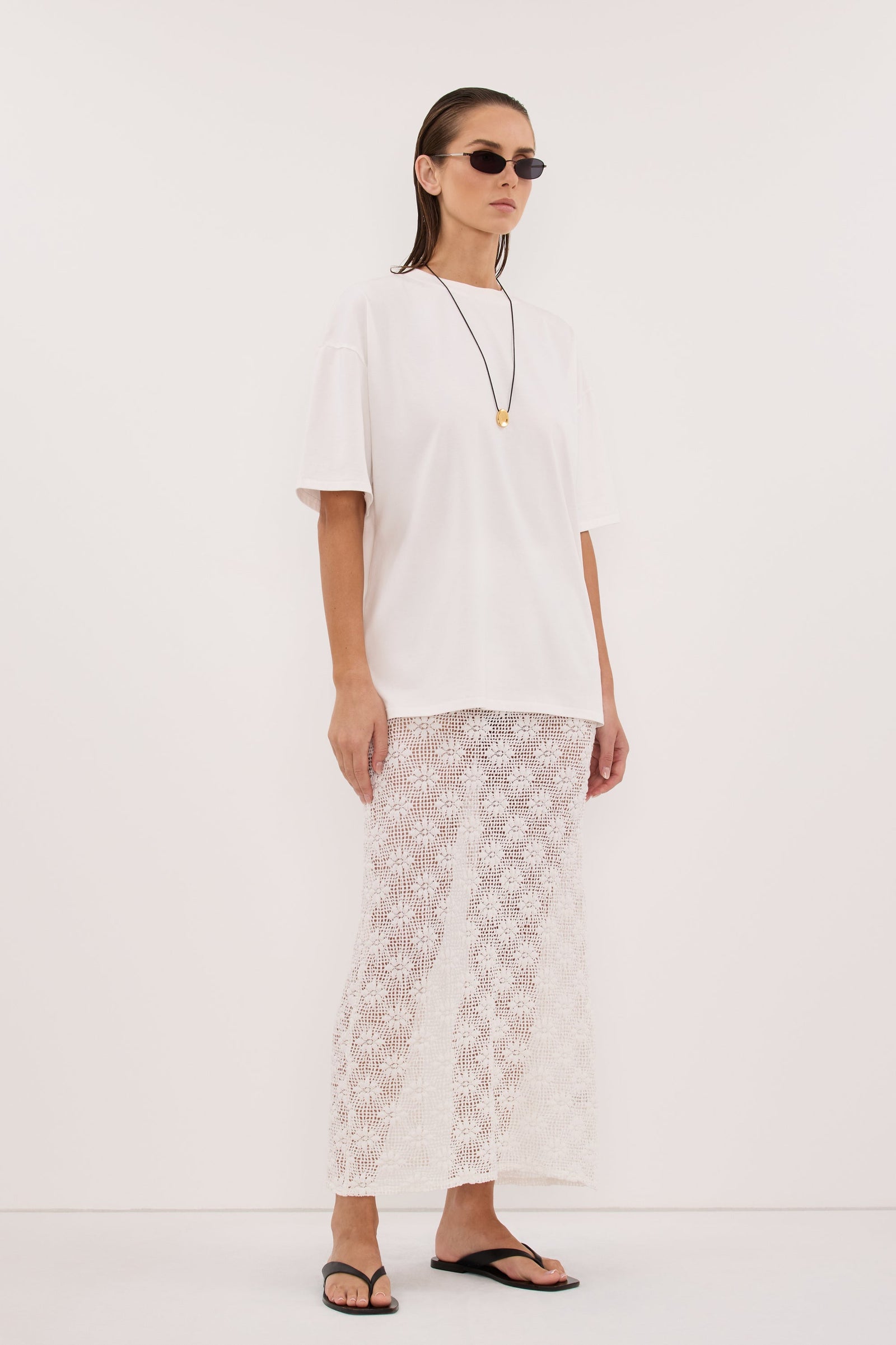 AGNES WHITE CROCHET COLUMN MIDI SKIRT