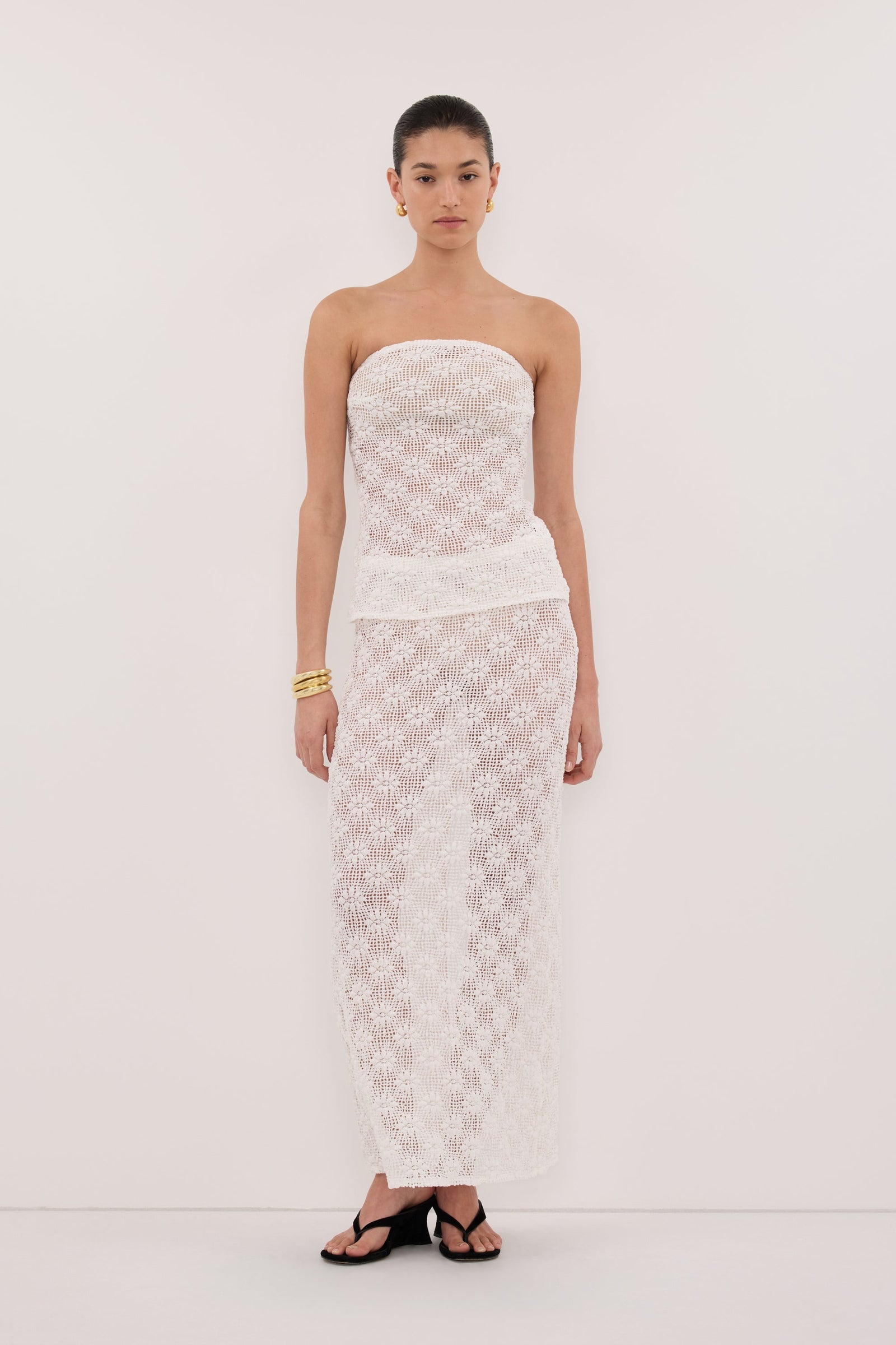 AGNES WHITE CROCHET COLUMN MIDI SKIRT