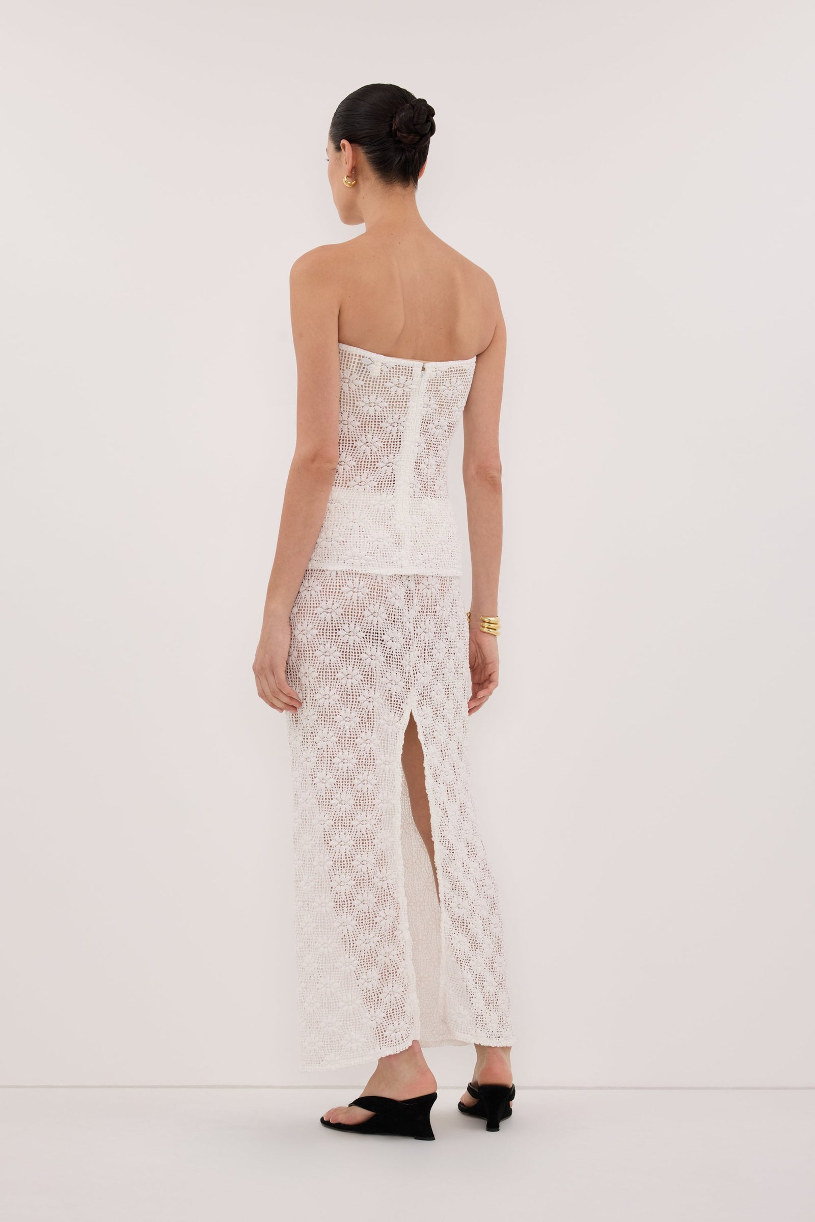 AGNES WHITE CROCHET COLUMN MIDI SKIRT