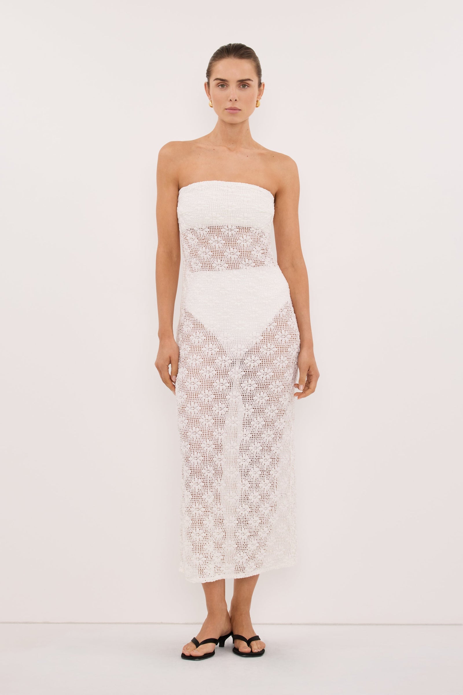 AGNES WHITE STRAPLESS CROCHET MAXI DRESS