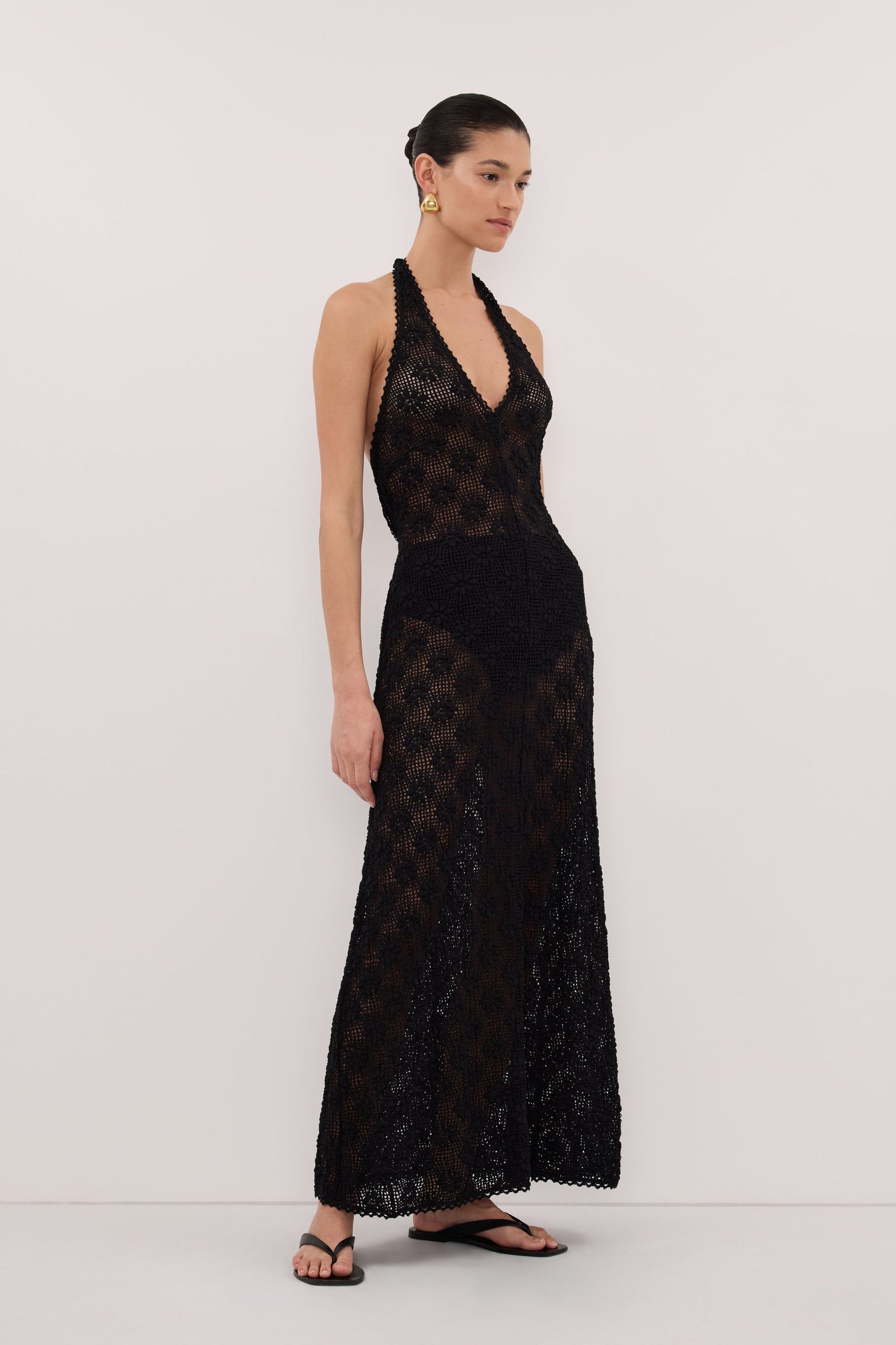 AGNES BLACK CROCHET HALTER MIDI DRESS