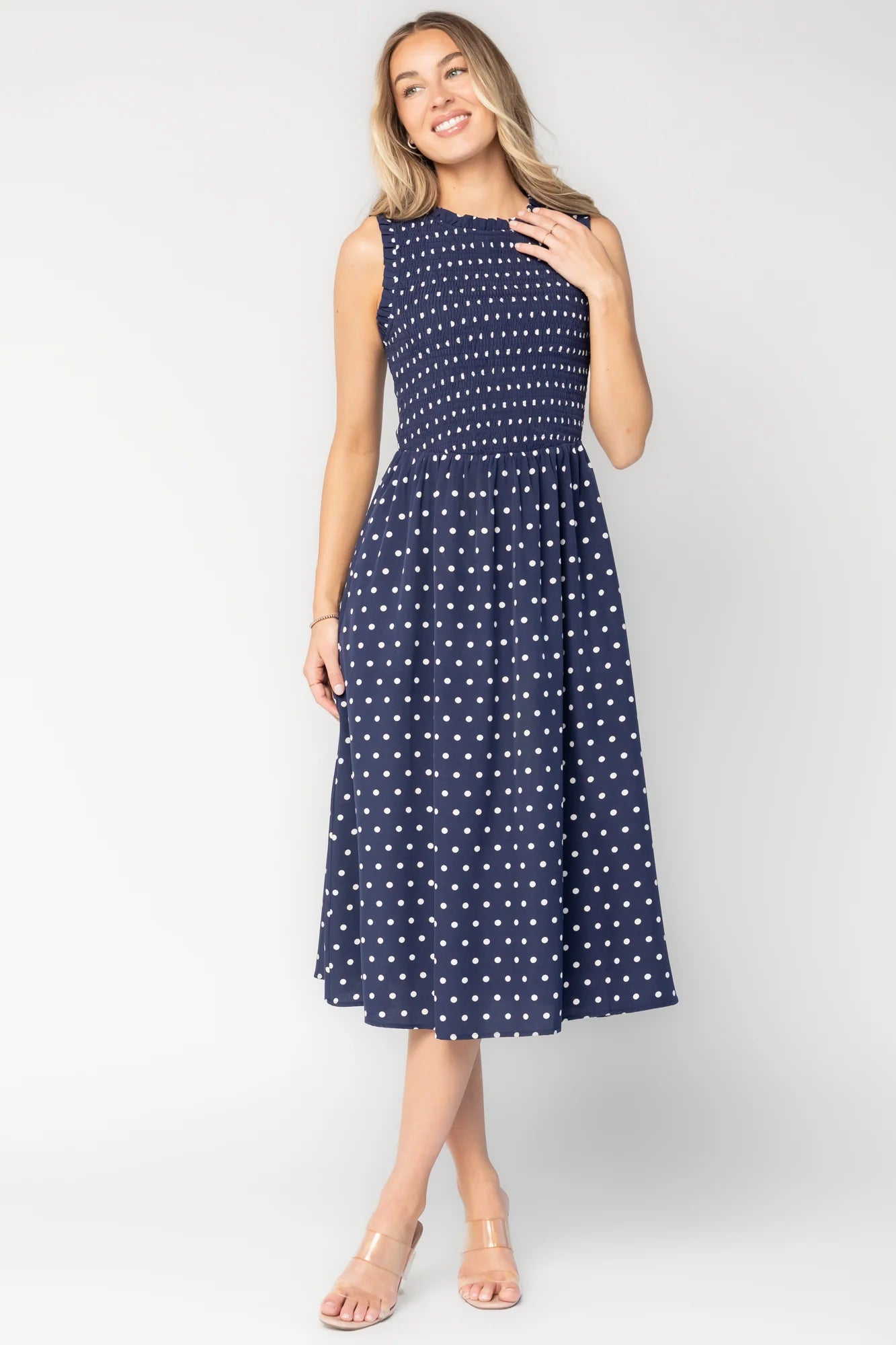 Alex Smocked Midi Dress | Navy Dot
