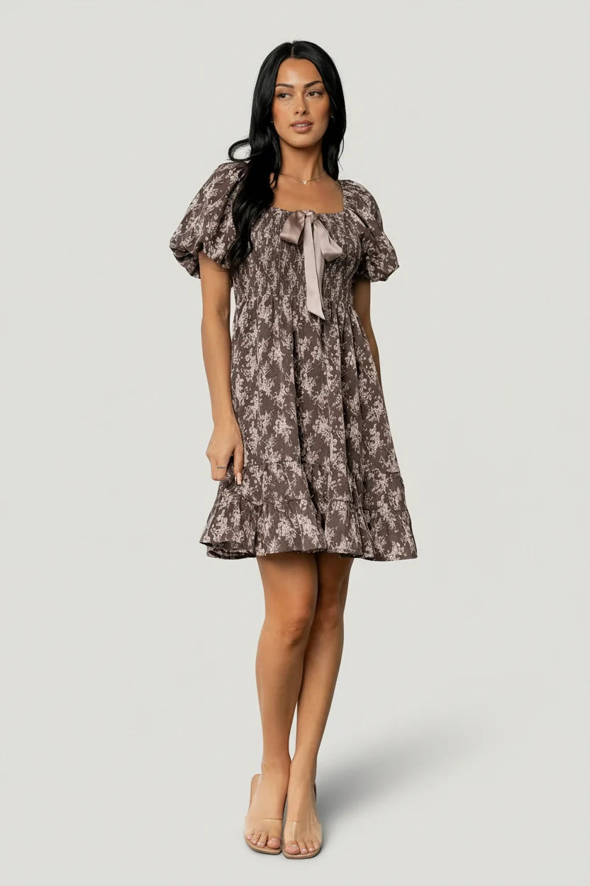 Anastasia Bow Short Dress | Dusty Clove Print