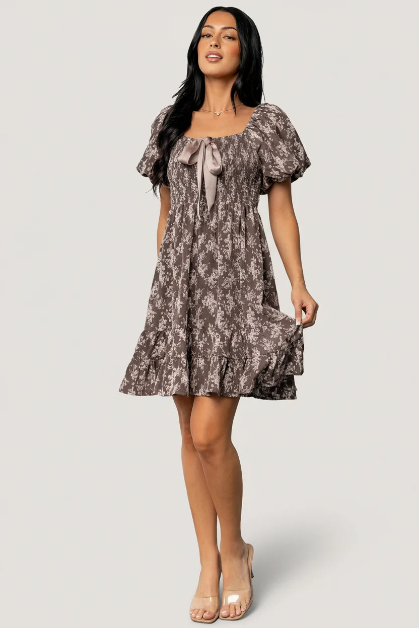 Anastasia Bow Short Dress | Dusty Clove Print