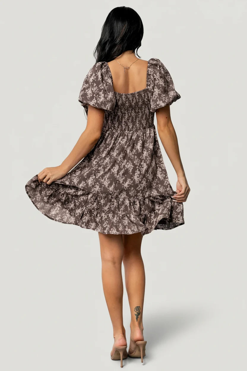 Anastasia Bow Short Dress | Dusty Clove Print