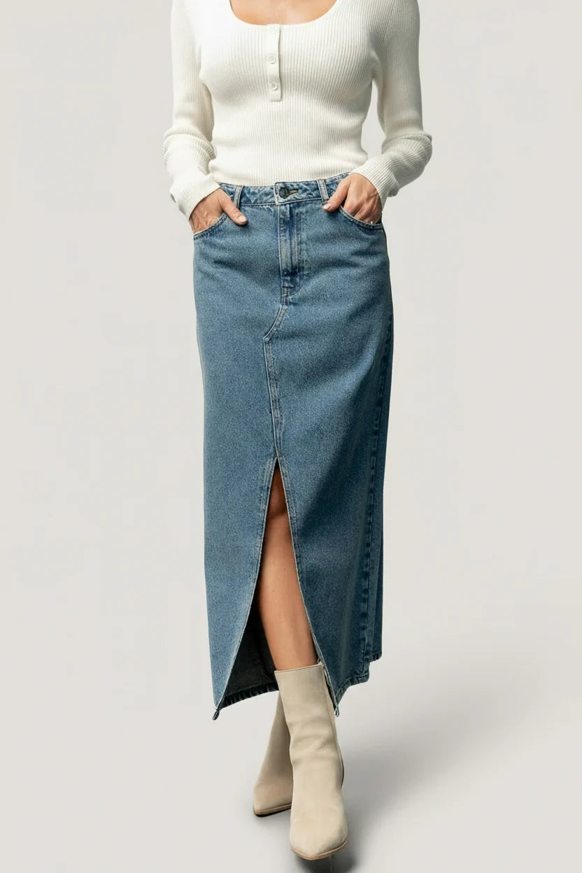 Aleksa Denim Midi Skirt | Medium Wash