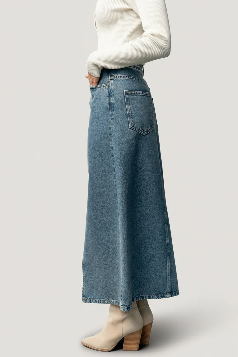 Aleksa Denim Midi Skirt | Medium Wash