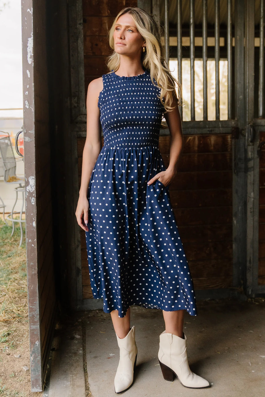 Alex Smocked Midi Dress | Navy Dot