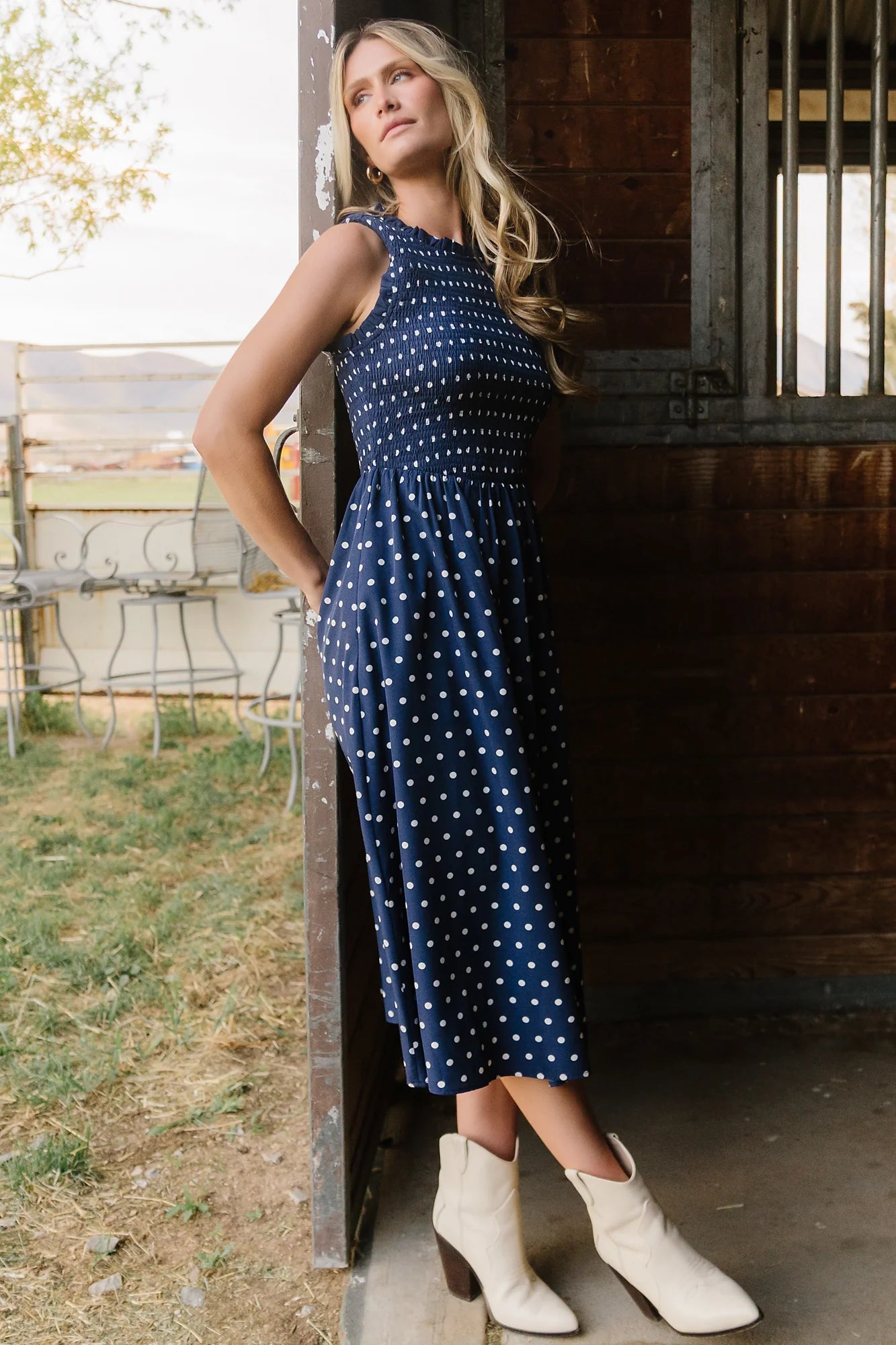 Alex Smocked Midi Dress | Navy Dot