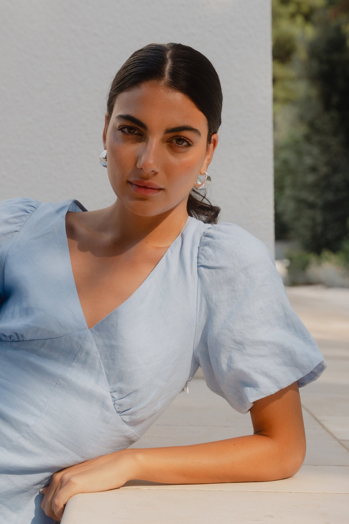 Adelaide Sky Blue Linen Puff Sleeve Panelled Mini Dress