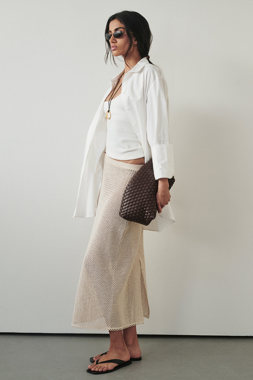 ANNE NATURAL OPEN KNIT MIDI SKIRT