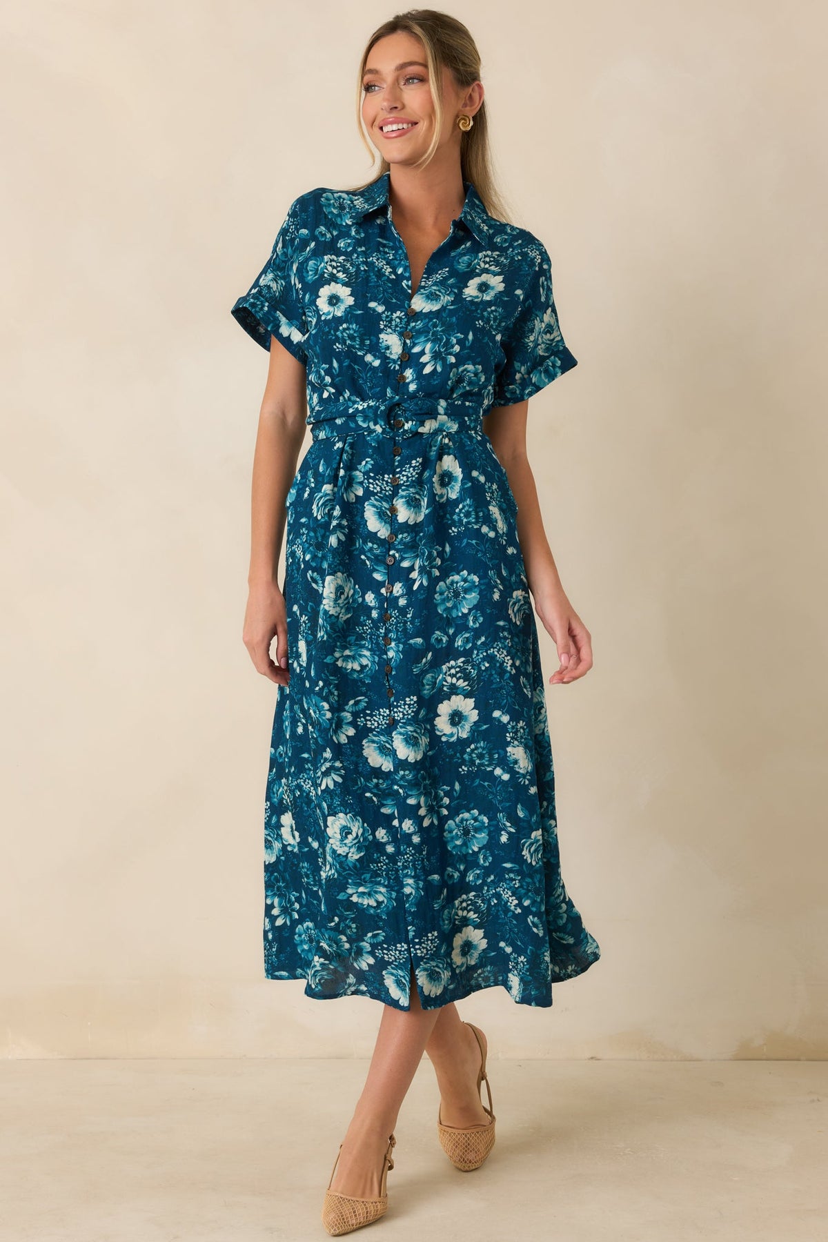 You’ll See Soon Dark Teal Multi Floral Print Belted Midi Shirt Dress
