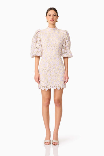 Jasmine Puff Sleeve Mini Dress in Purple & Beige