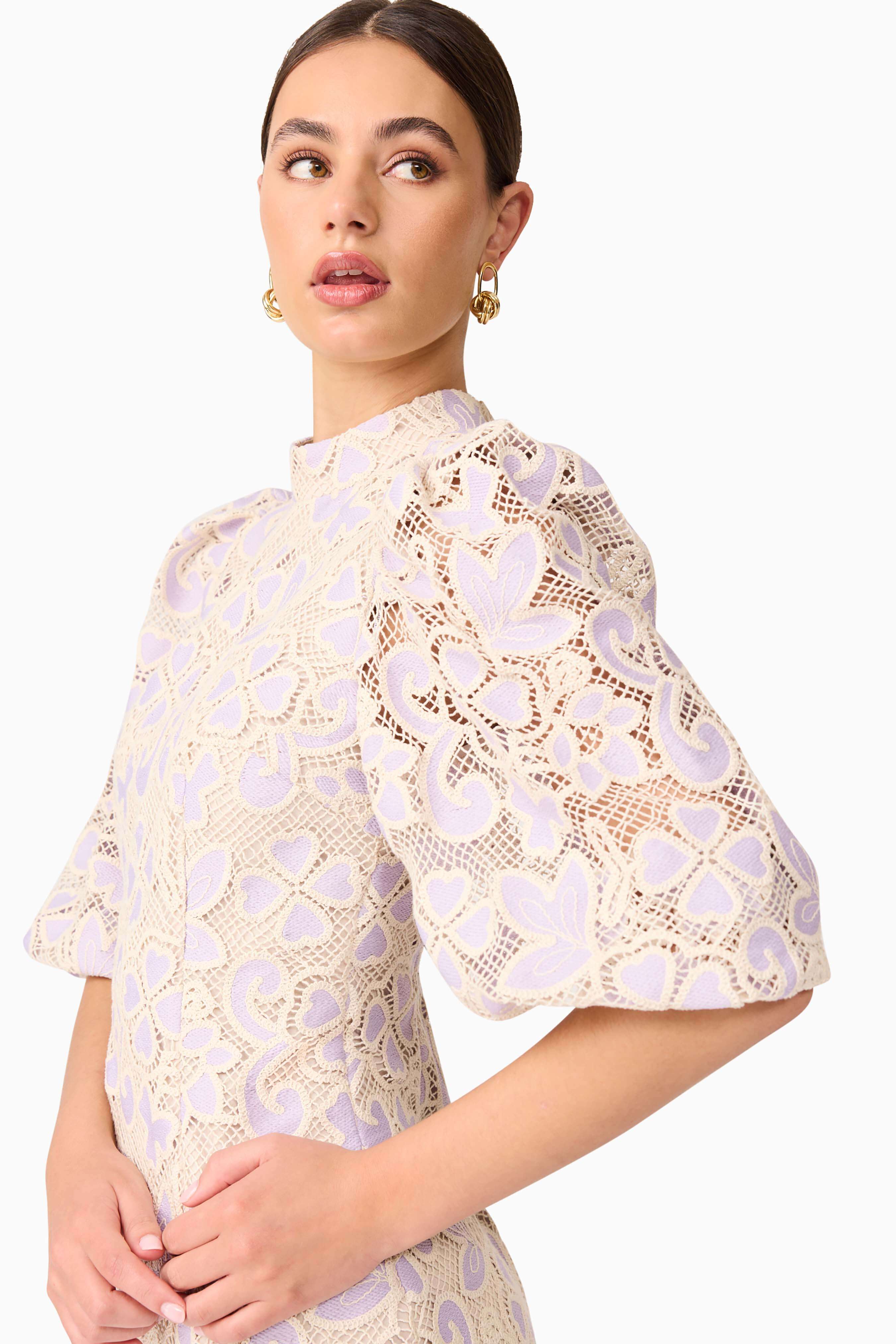 Jasmine Puff Sleeve Mini Dress in Purple & Beige