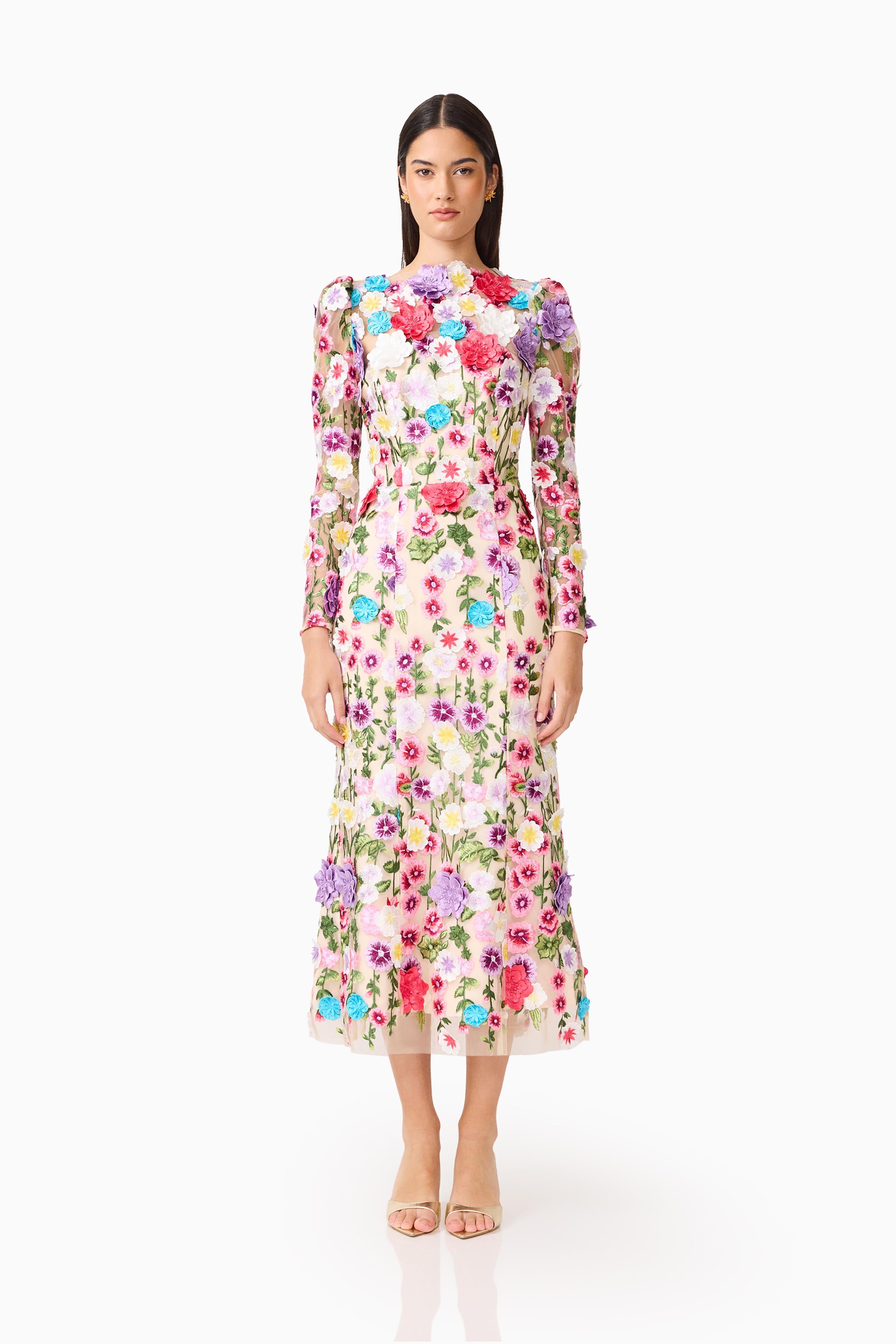 Rosette Long Sleeve Midi Dress in Multi Floral