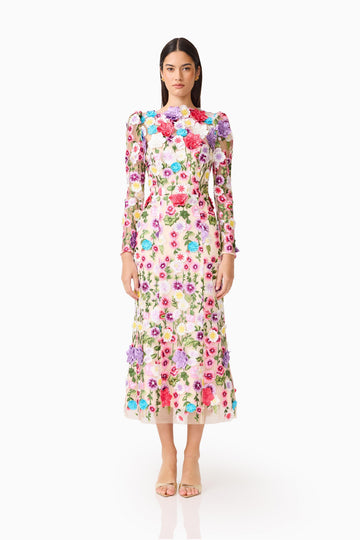 Rosette Long Sleeve Midi Dress in Multi Floral