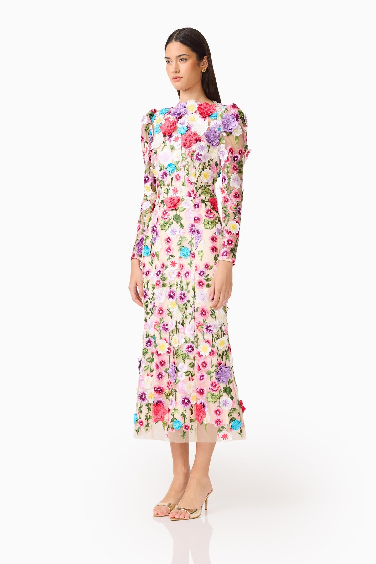 Rosette Long Sleeve Midi Dress in Multi Floral