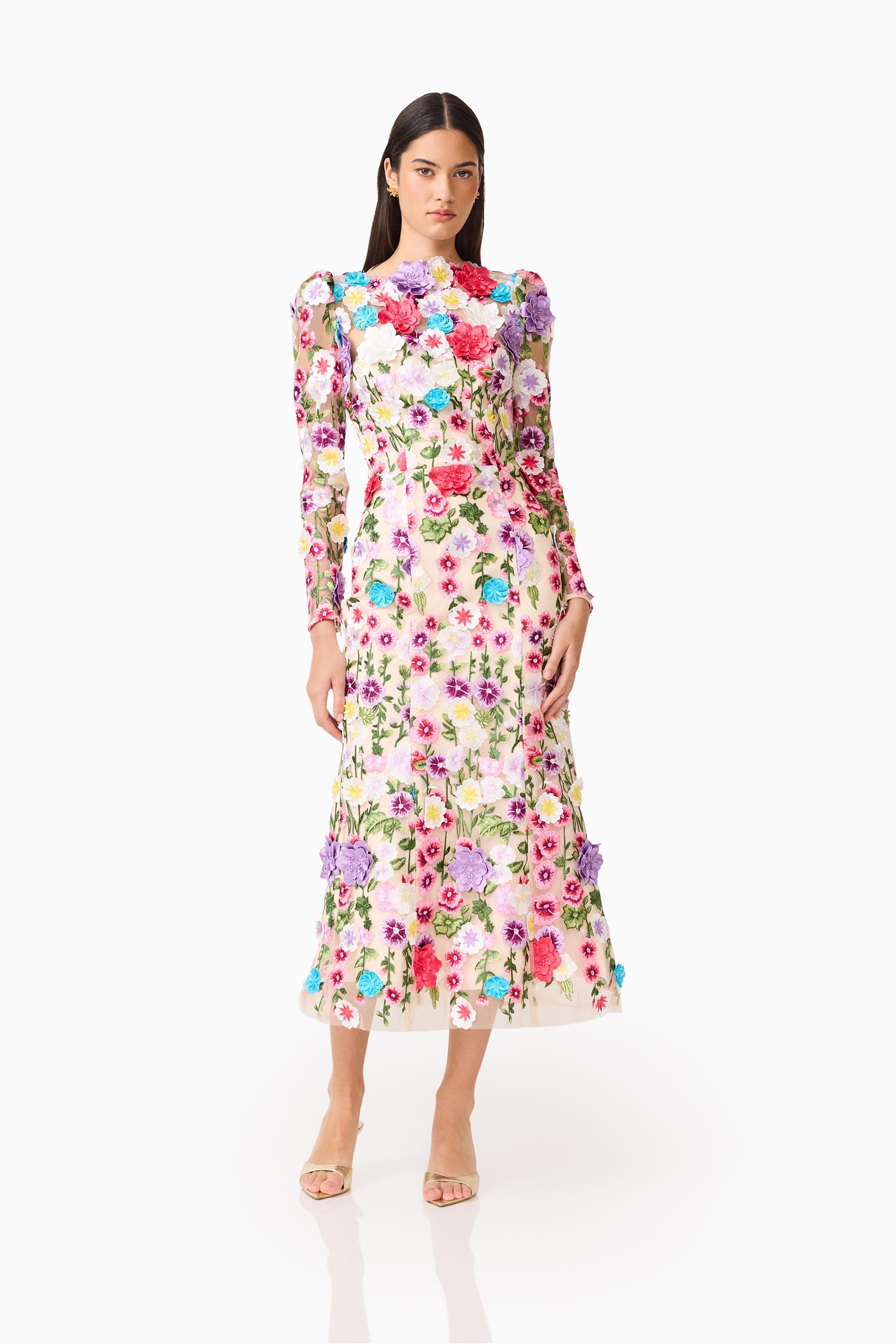 Rosette Long Sleeve Midi Dress in Multi Floral