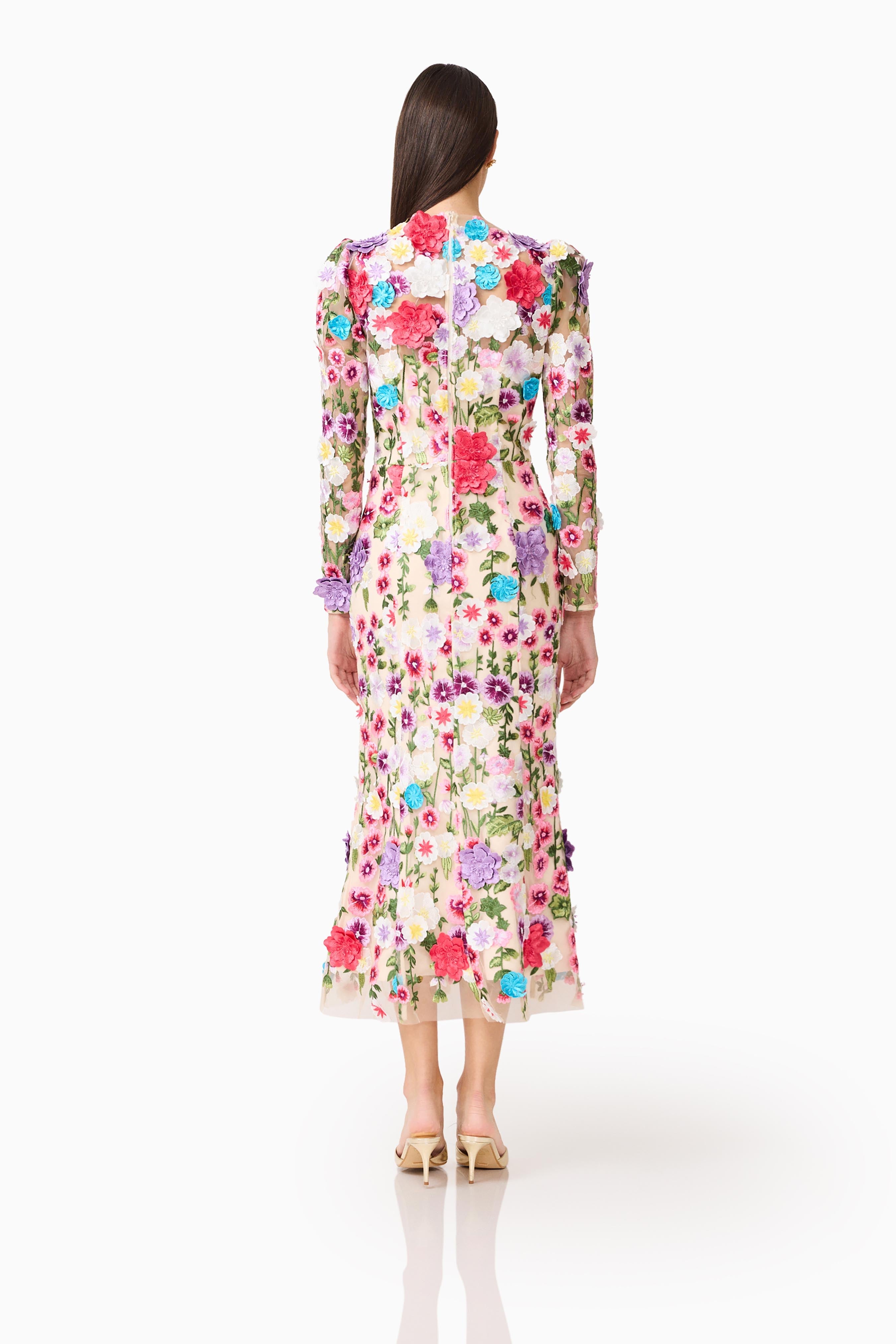 Rosette Long Sleeve Midi Dress in Multi Floral