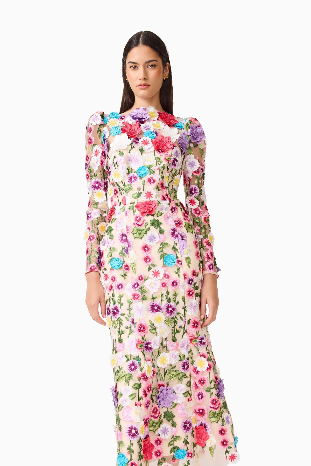 Rosette Long Sleeve Midi Dress in Multi Floral
