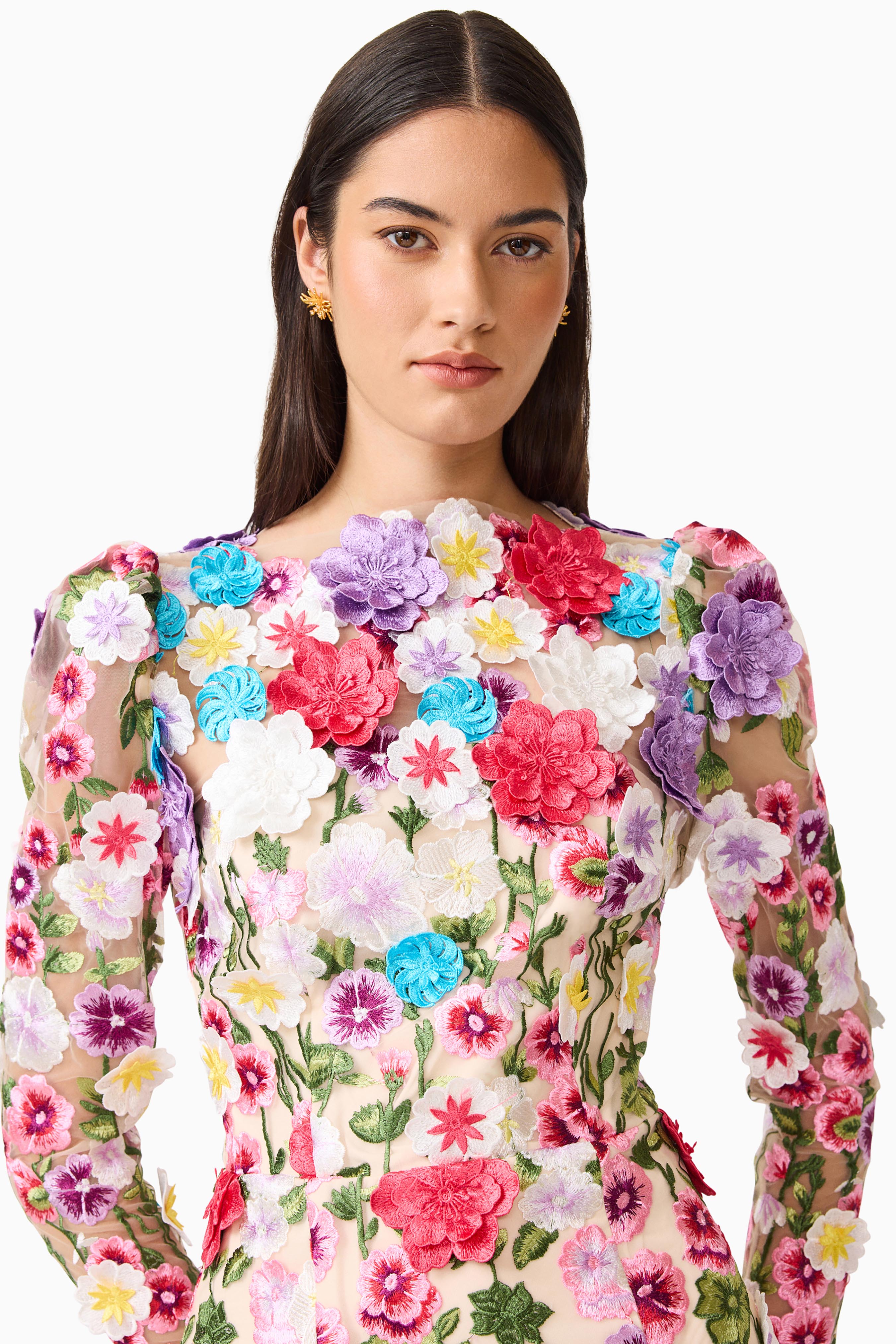Rosette Long Sleeve Midi Dress in Multi Floral