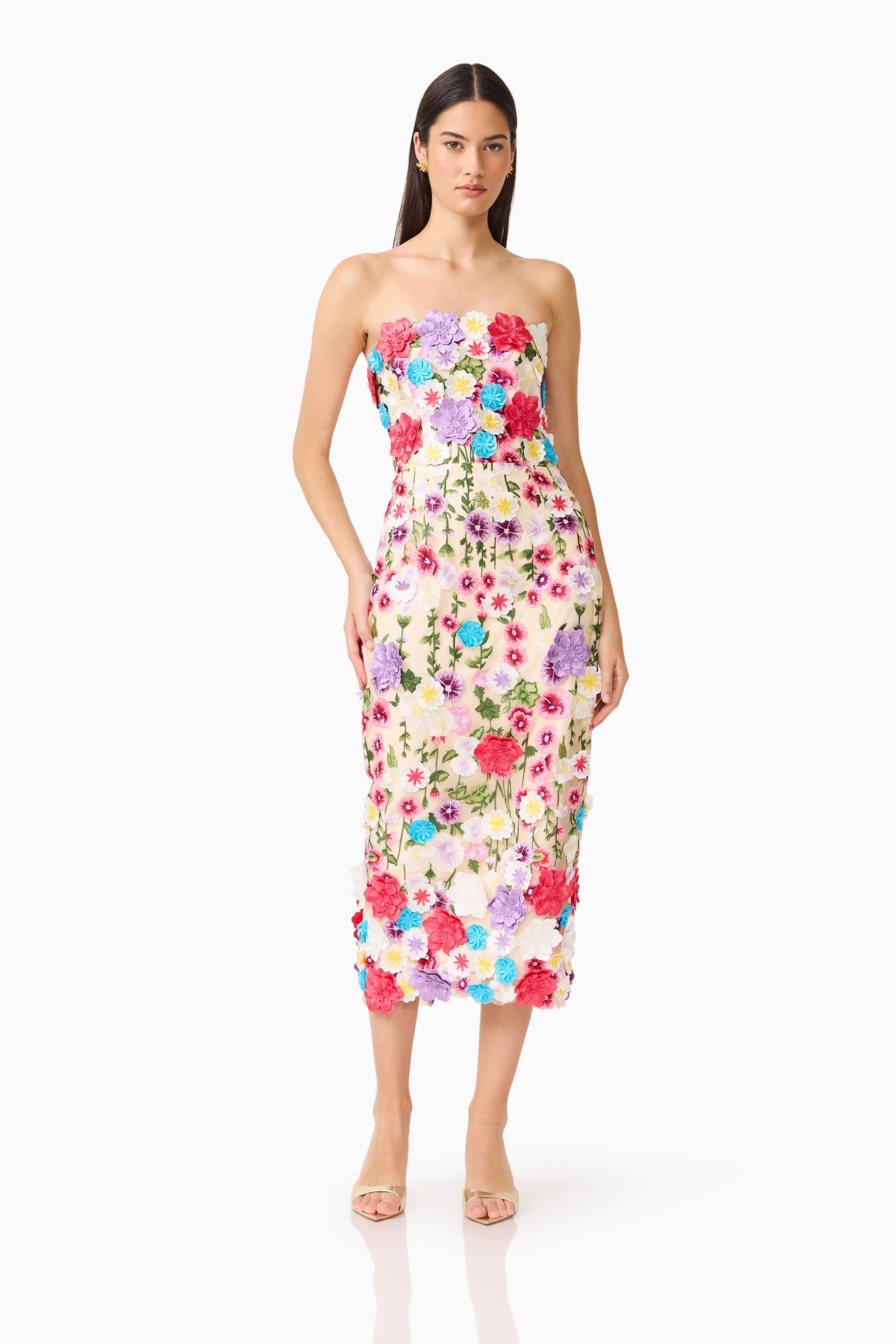 Rosette Strapless Midi Dress in Multi Floral