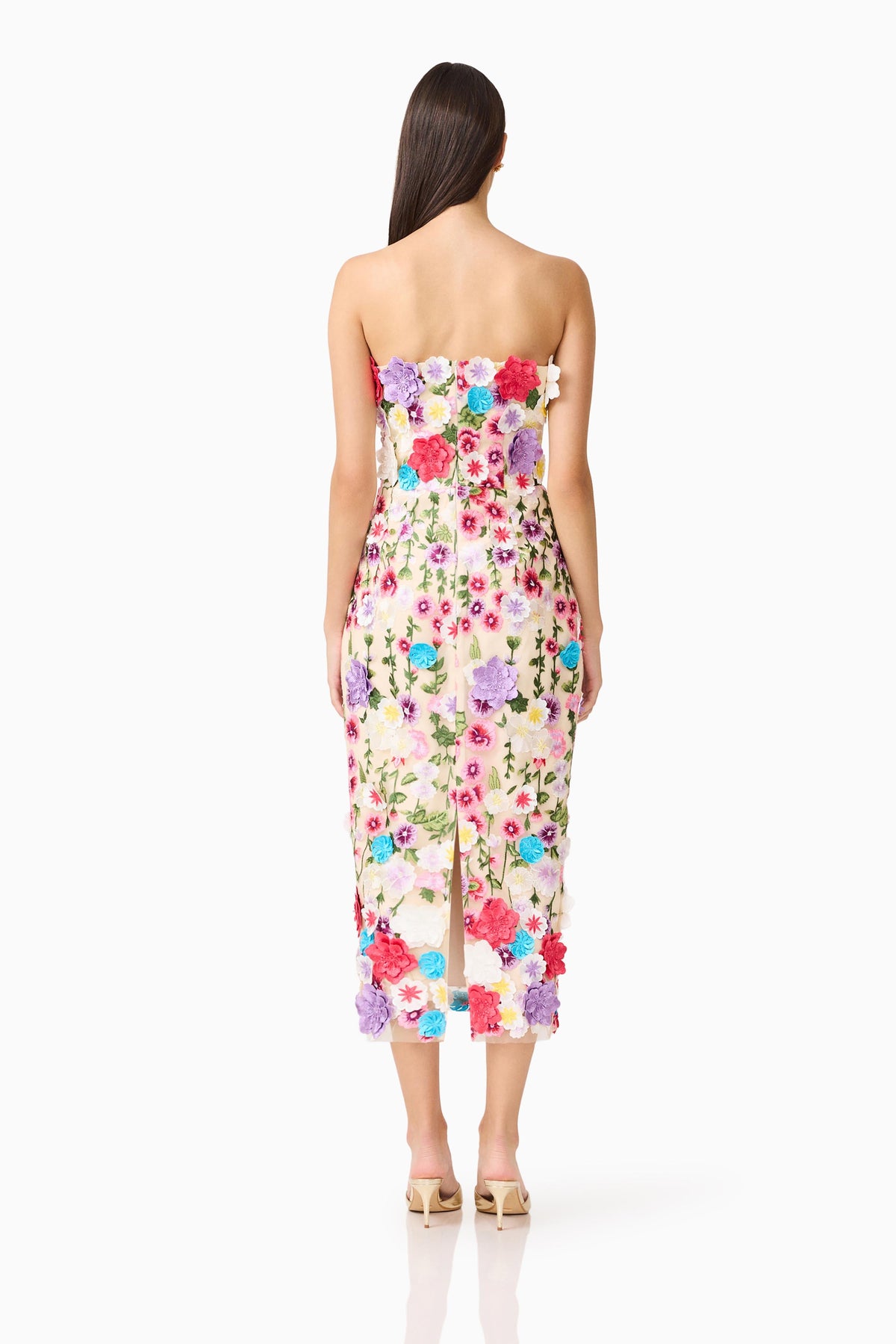 Rosette Strapless Midi Dress in Multi Floral