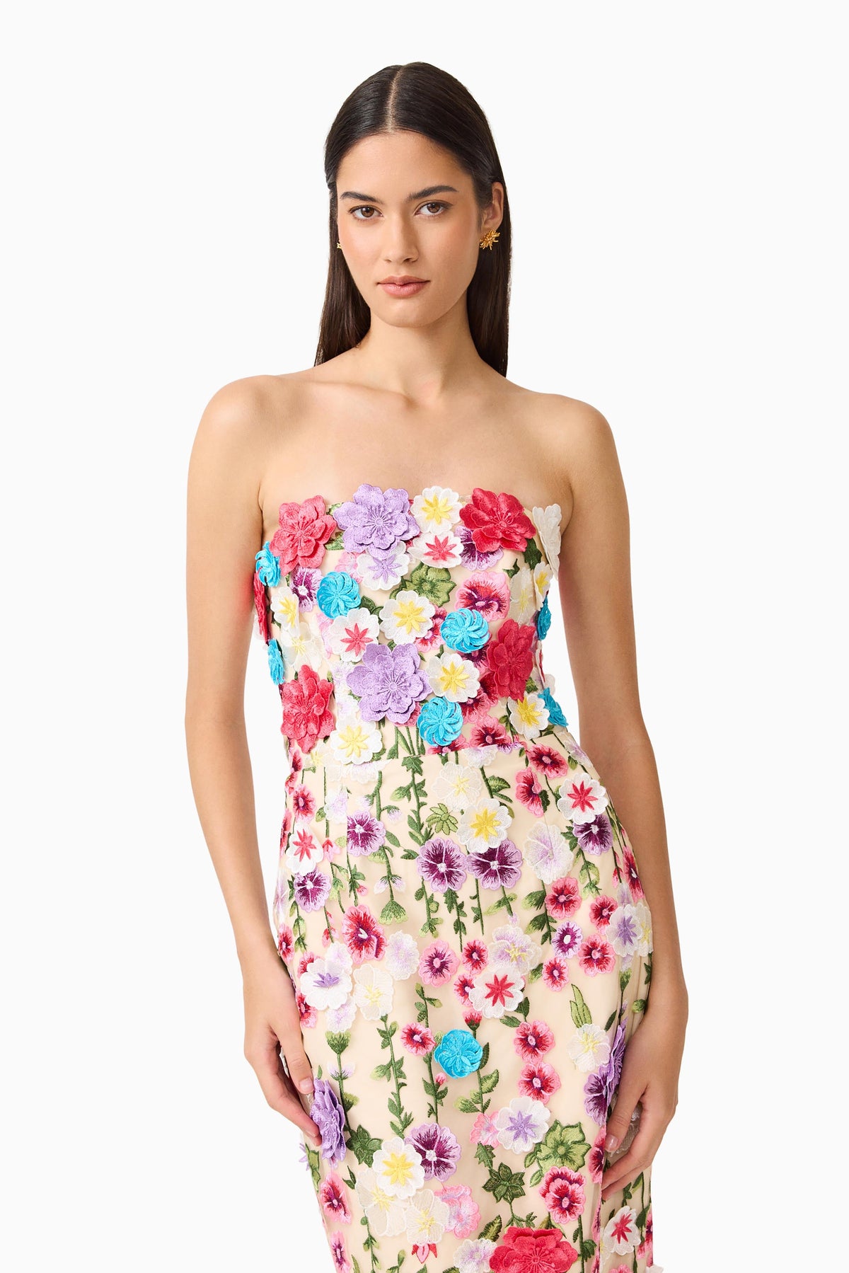 Rosette Strapless Midi Dress in Multi Floral