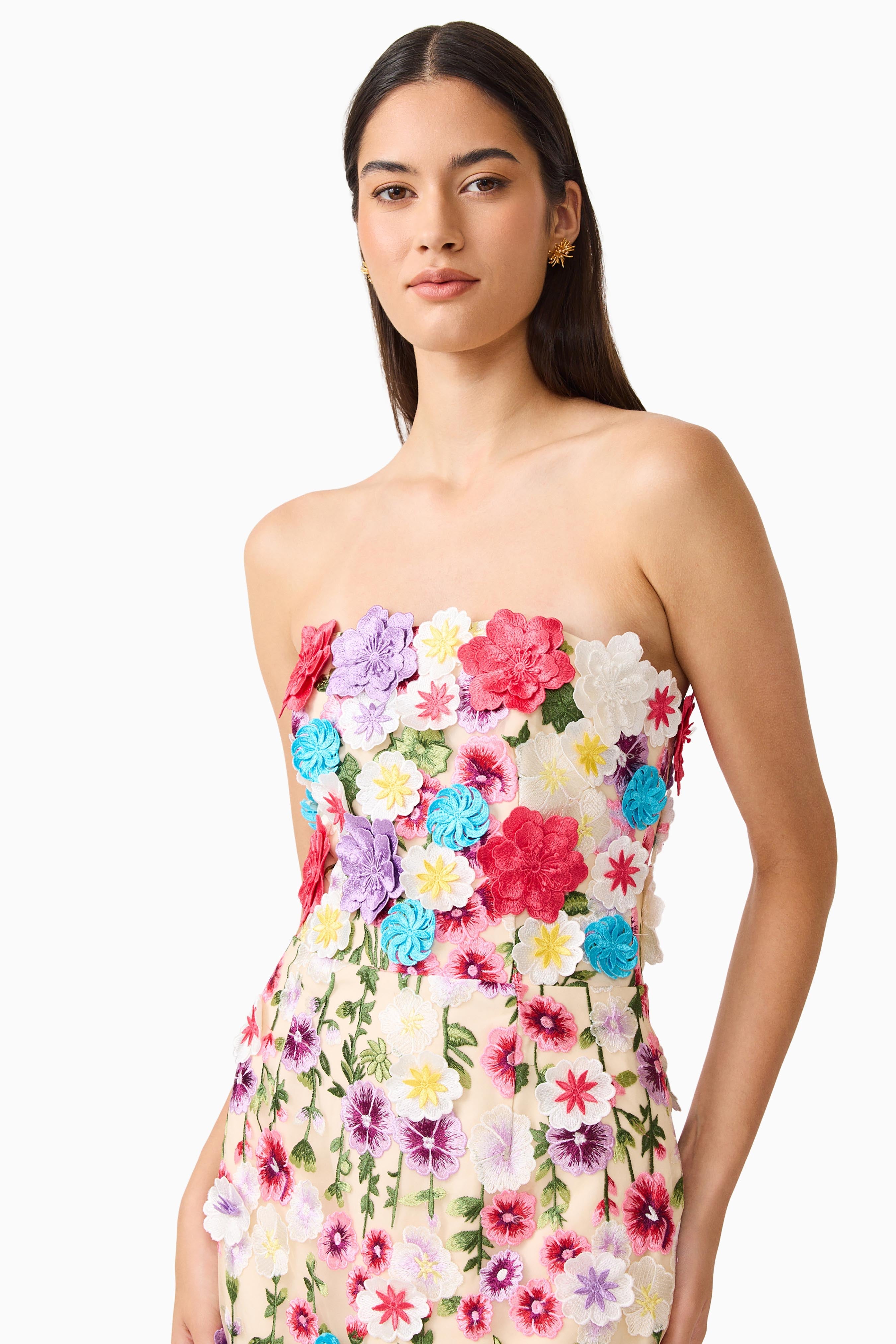 Rosette Strapless Midi Dress in Multi Floral