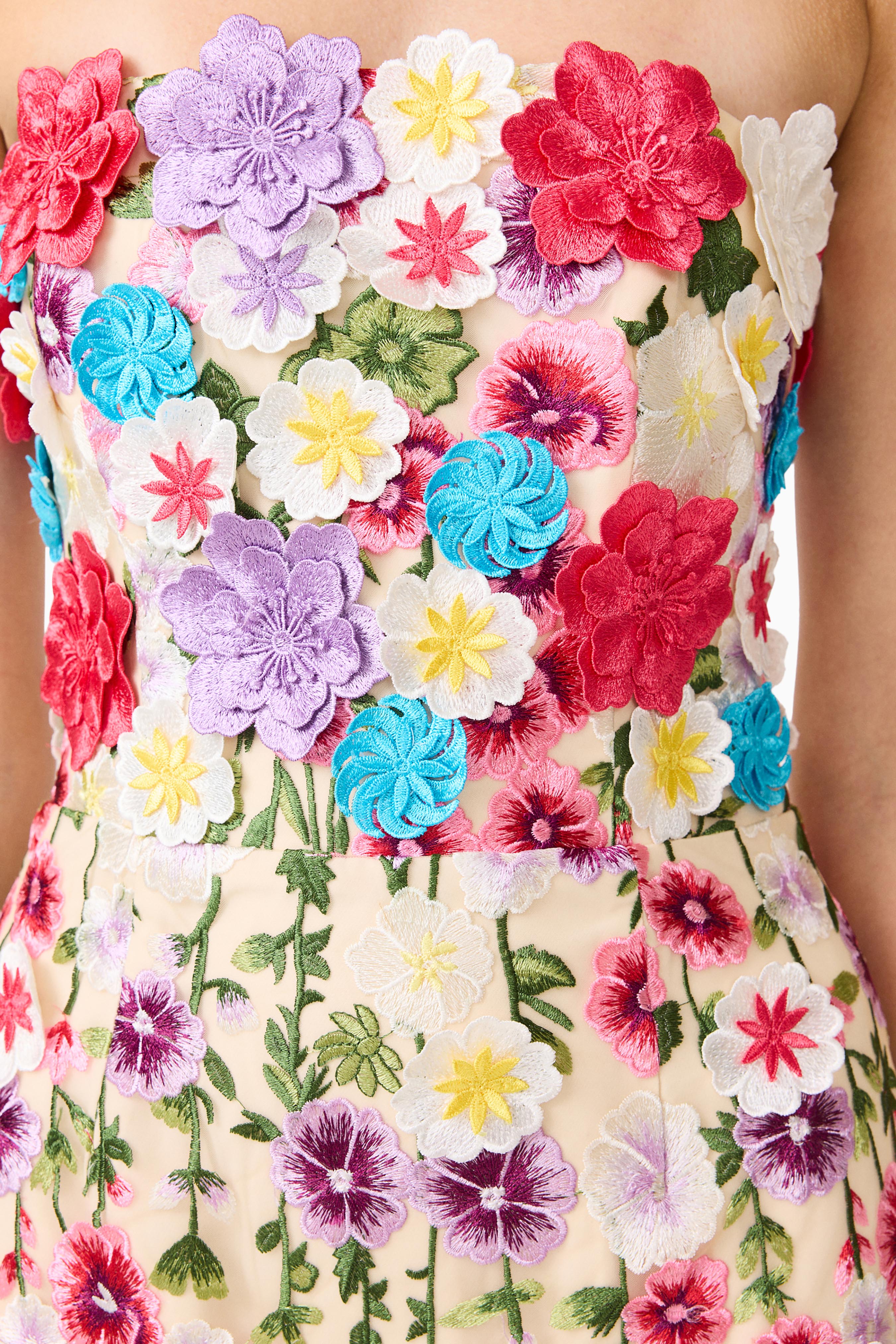 Rosette Strapless Midi Dress in Multi Floral