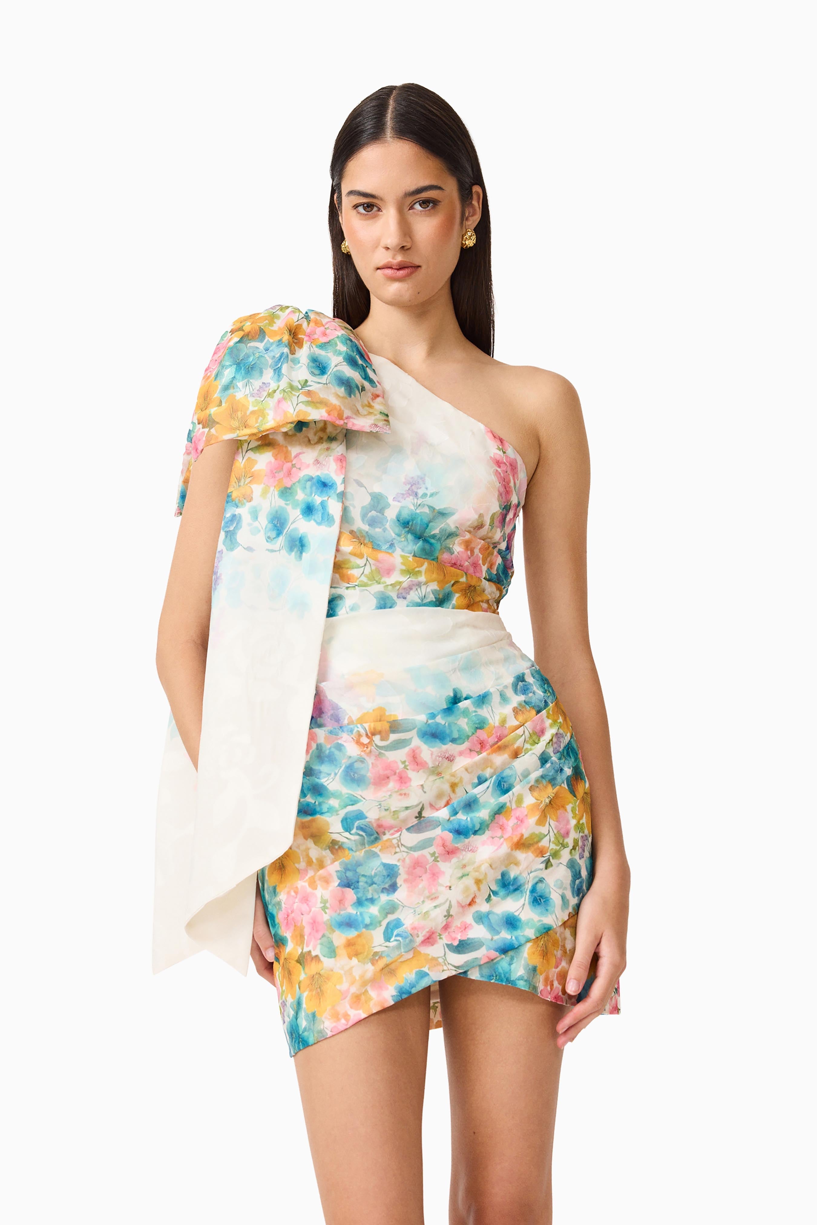 Clementina One Shoulder Mini Dress in Multi Floral