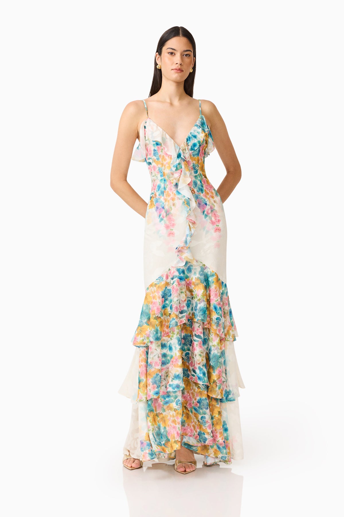 Clementina Ruffle Maxi Dress in Multi Floral