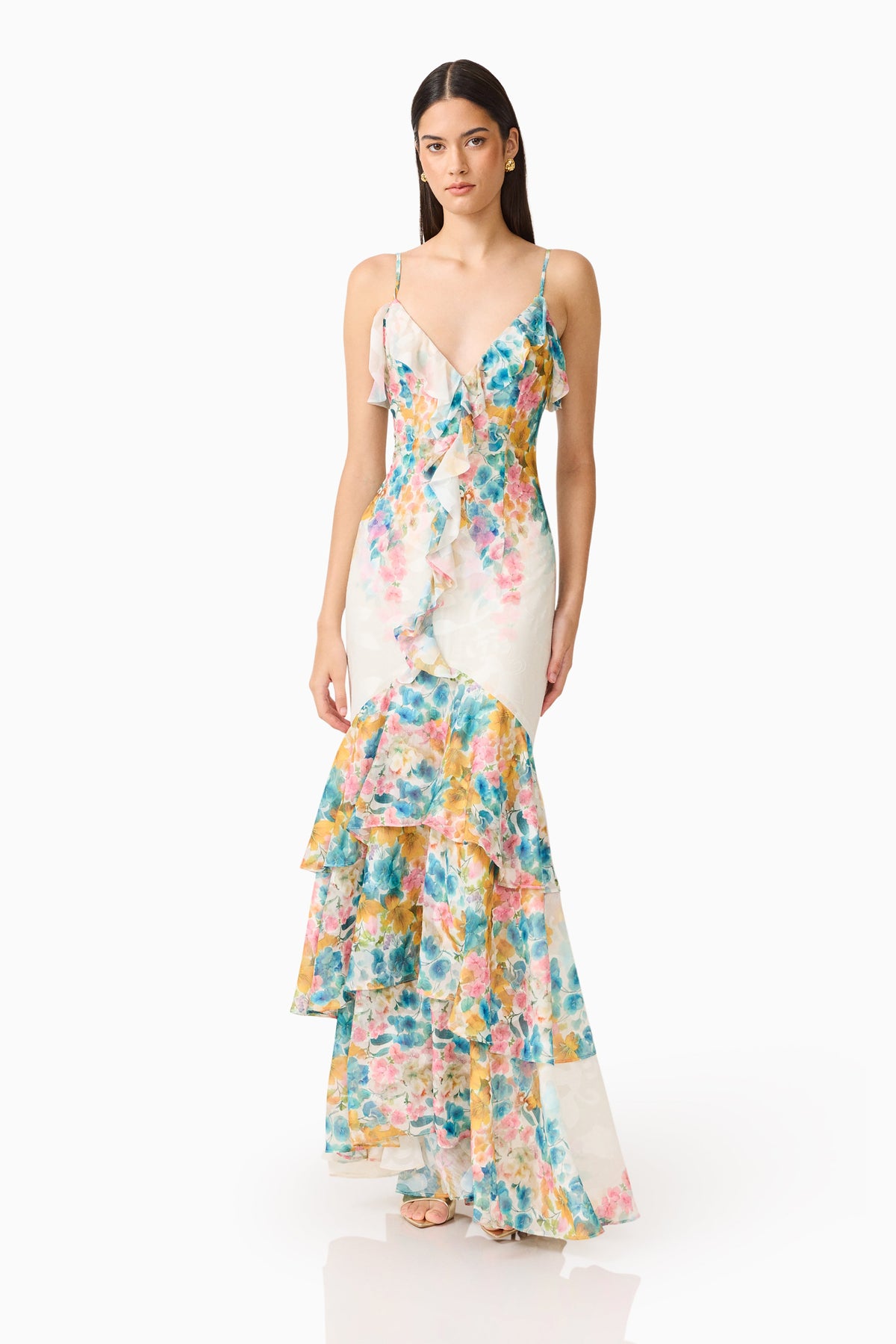 Clementina Ruffle Maxi Dress in Multi Floral