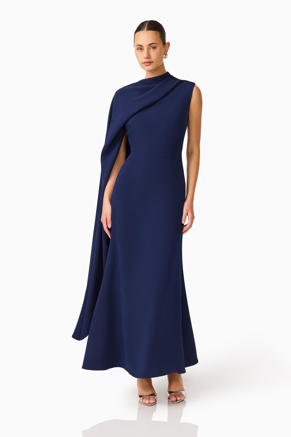 Leonara Asymmetric Cape Maxi Dress in Deep Navy