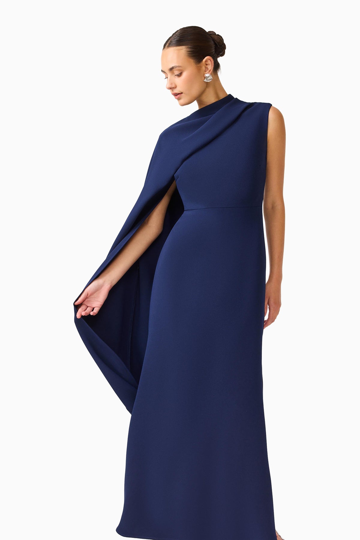 Leonara Asymmetric Cape Maxi Dress in Deep Navy