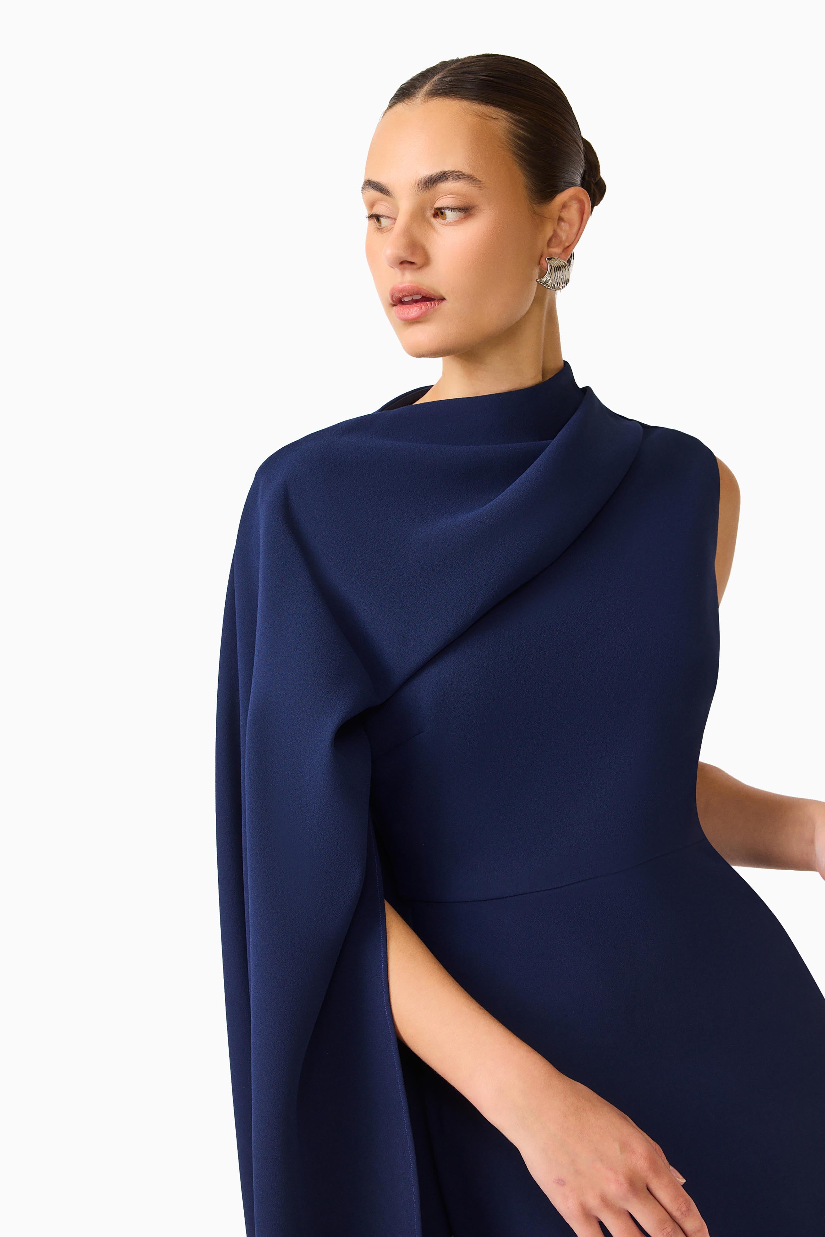Leonara Asymmetric Cape Maxi Dress in Deep Navy
