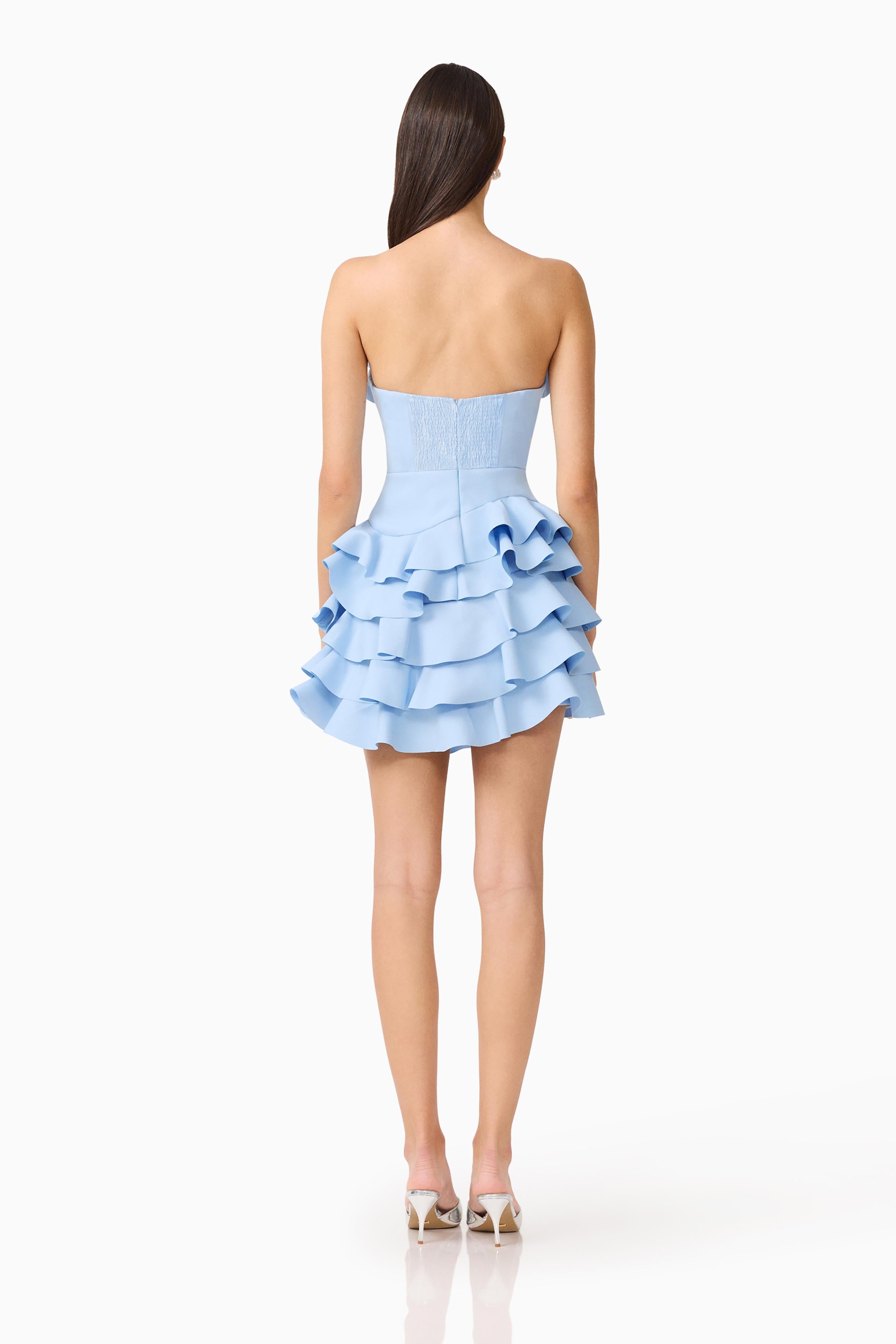 Liora Strapless Tiered Mini Dress in Sky Blue