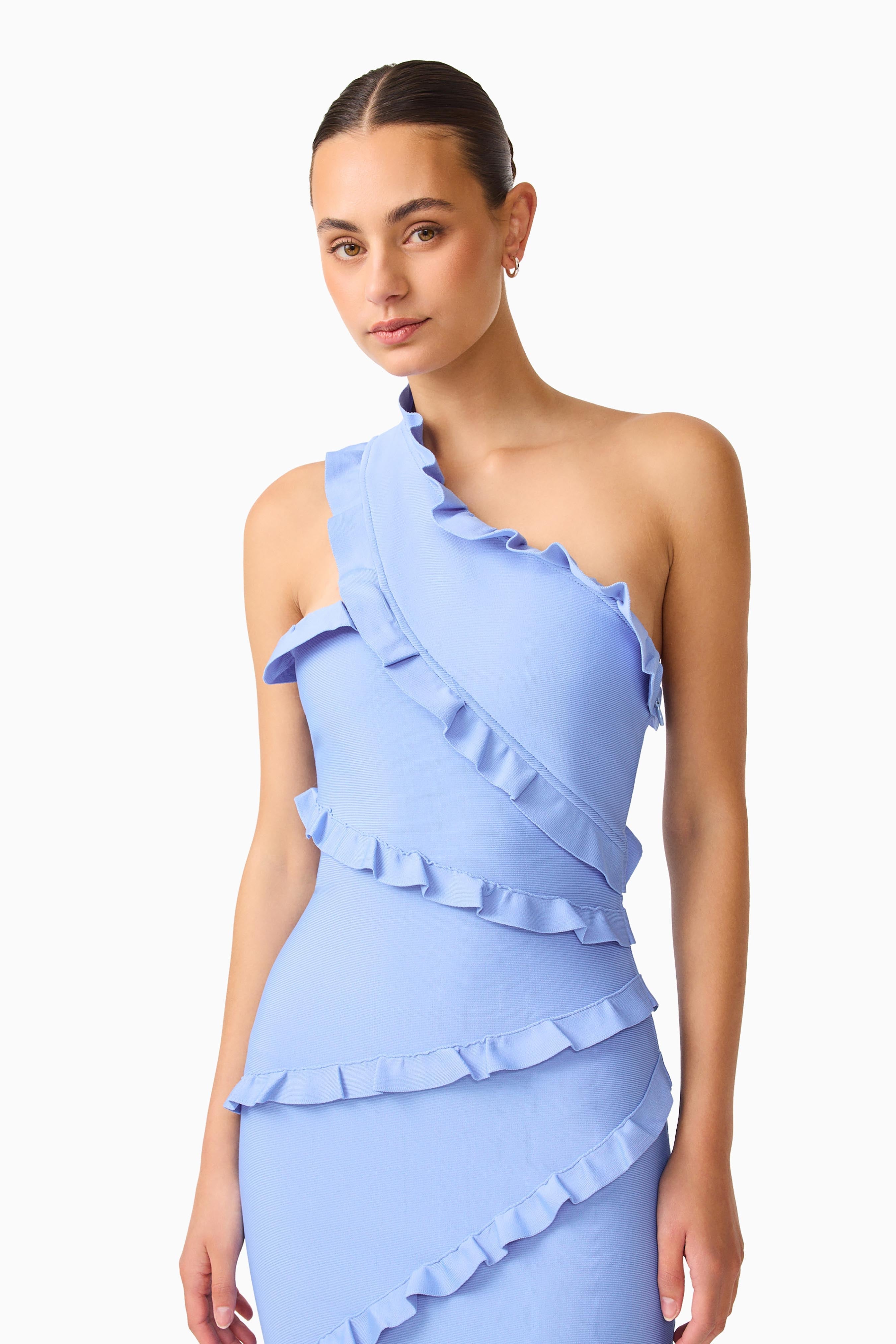 Floriana Asymmetric Gown in Cornflower Blue