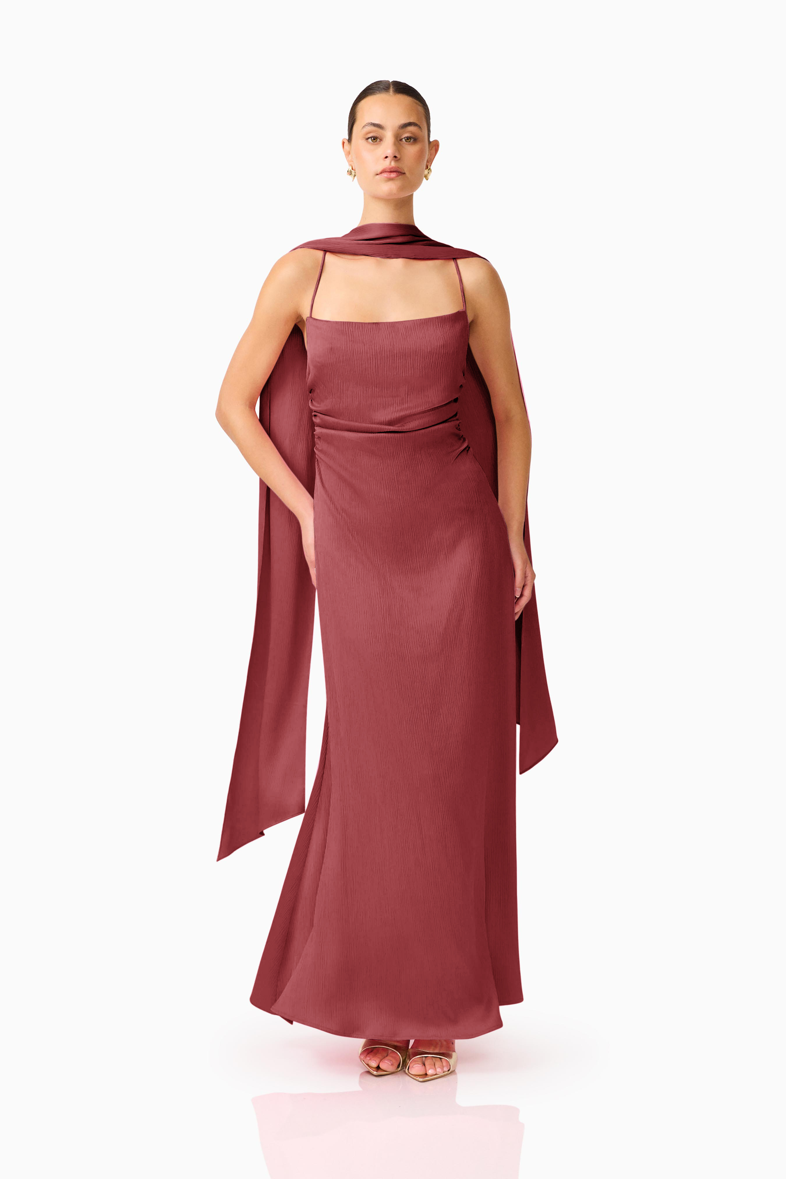 Calista Neck Scarf Gown in Burgundy