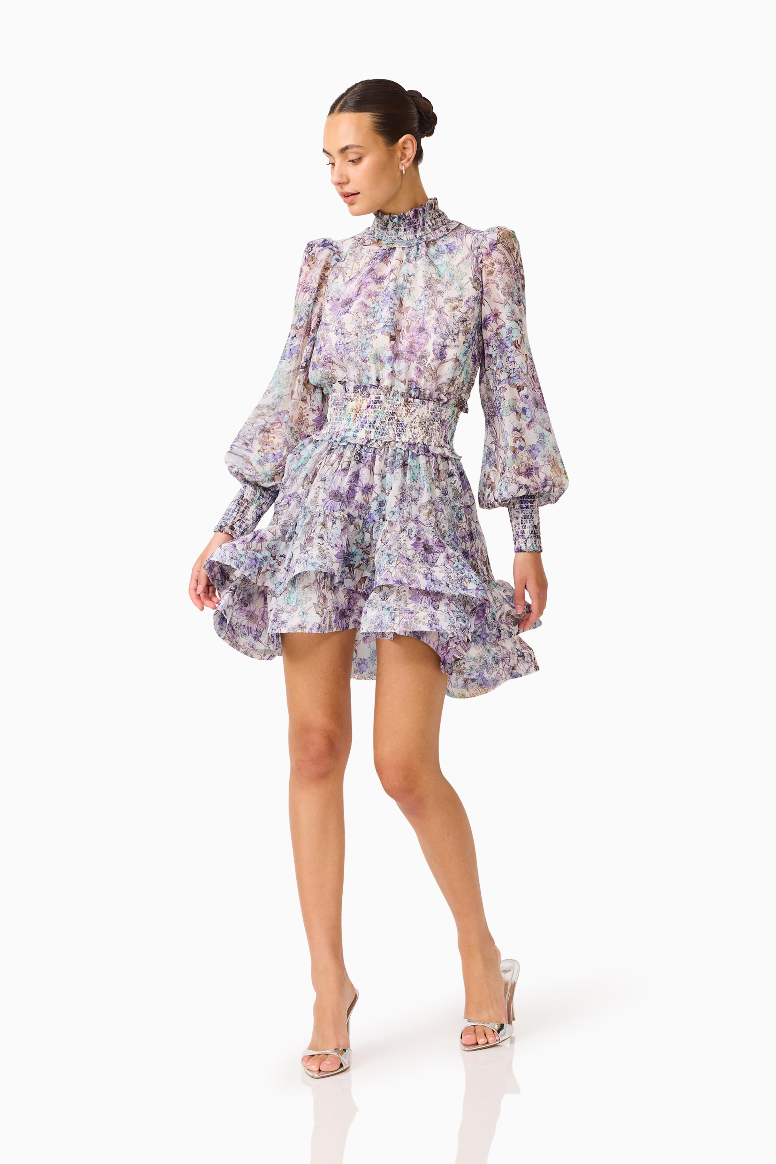 Rosaria Long Sleeve Mini Dress in Purple Floral