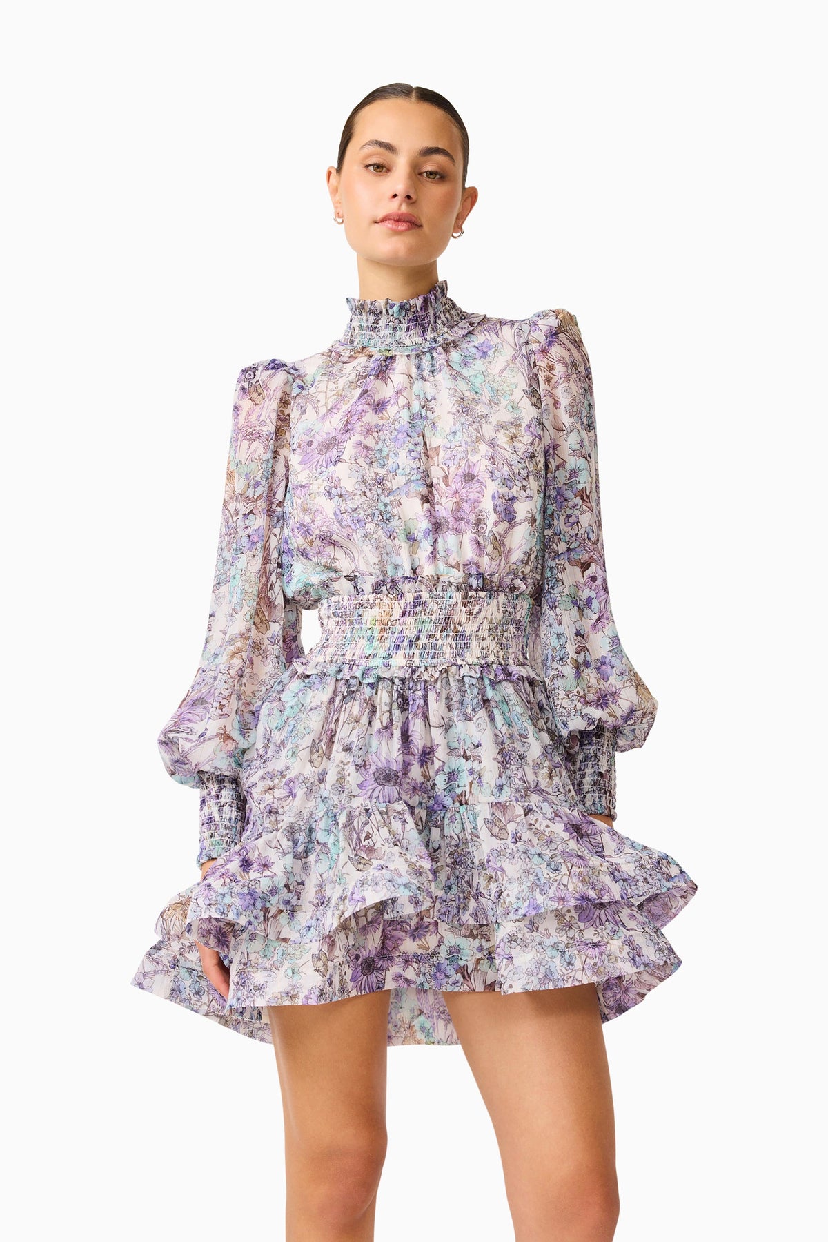 Rosaria Long Sleeve Mini Dress in Purple Floral