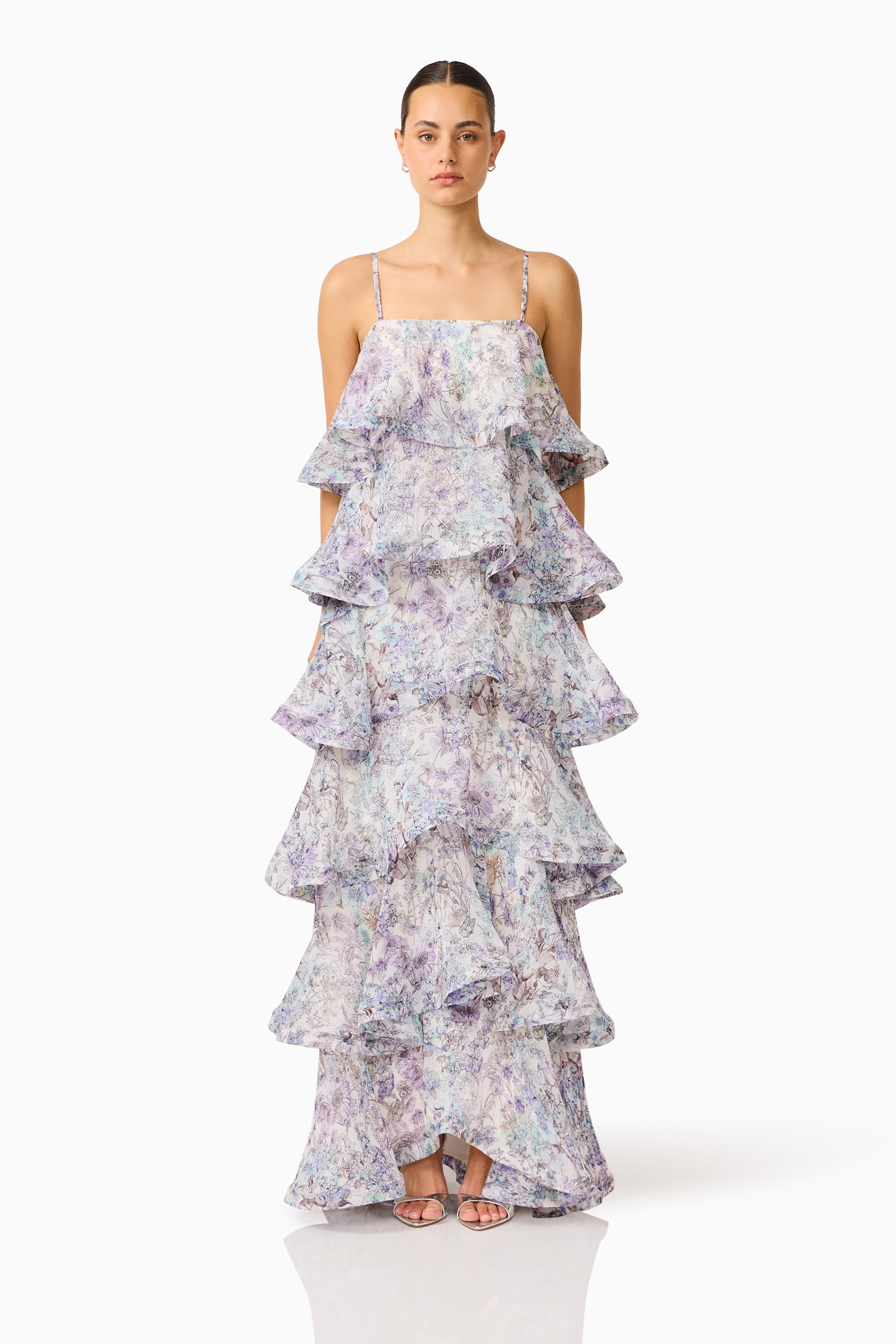 Rosaria Tiered Gown in Purple Floral