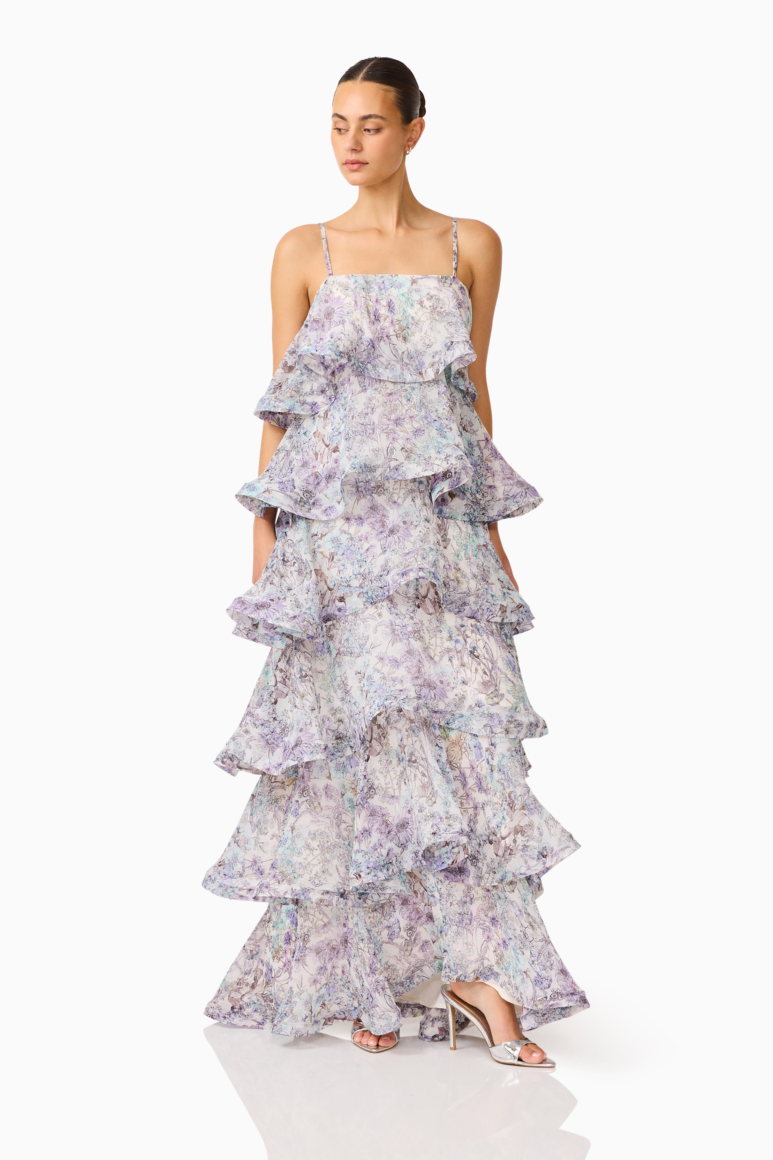 Rosaria Tiered Gown in Purple Floral
