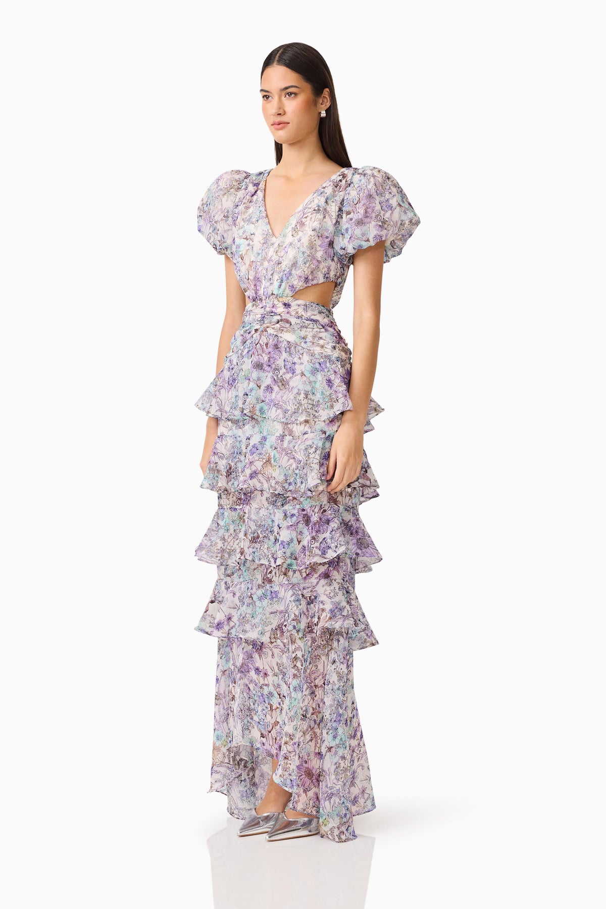Rosaria Short Sleeve Gown in Purple Floral