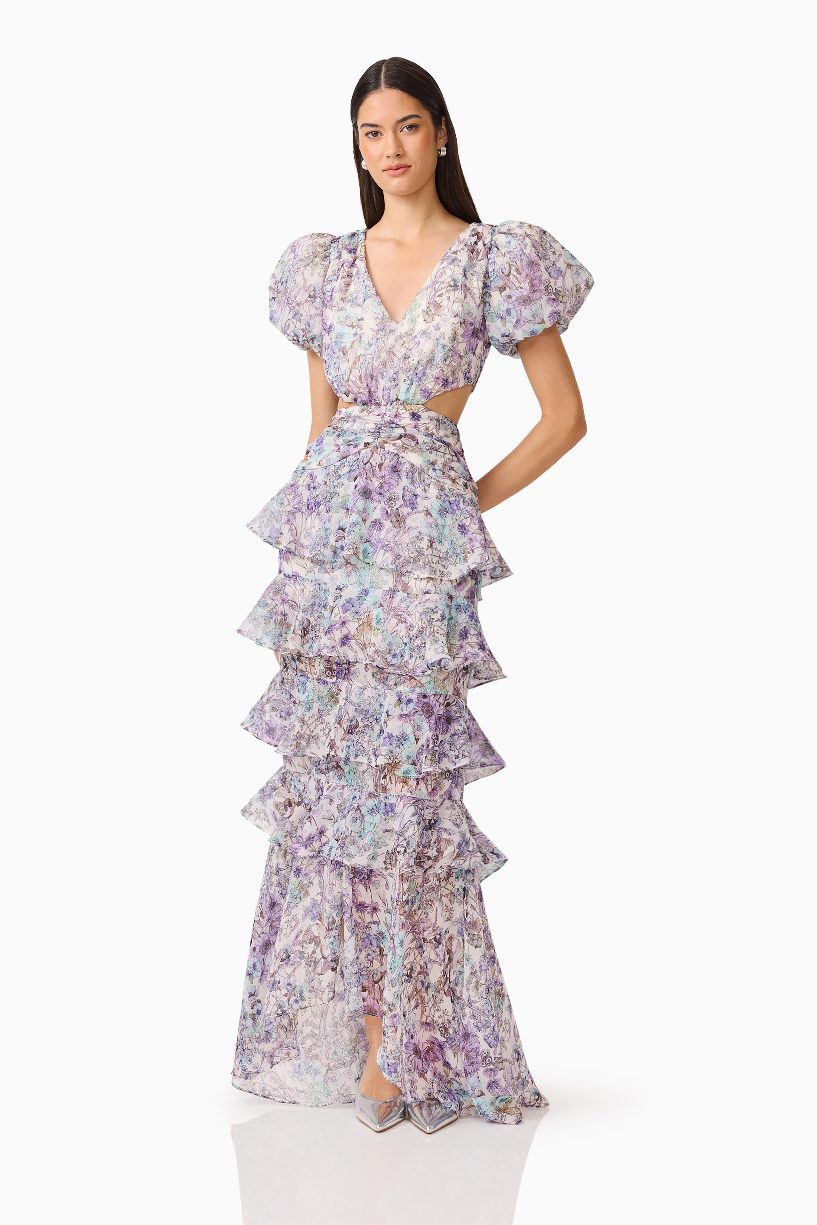Rosaria Short Sleeve Gown in Purple Floral
