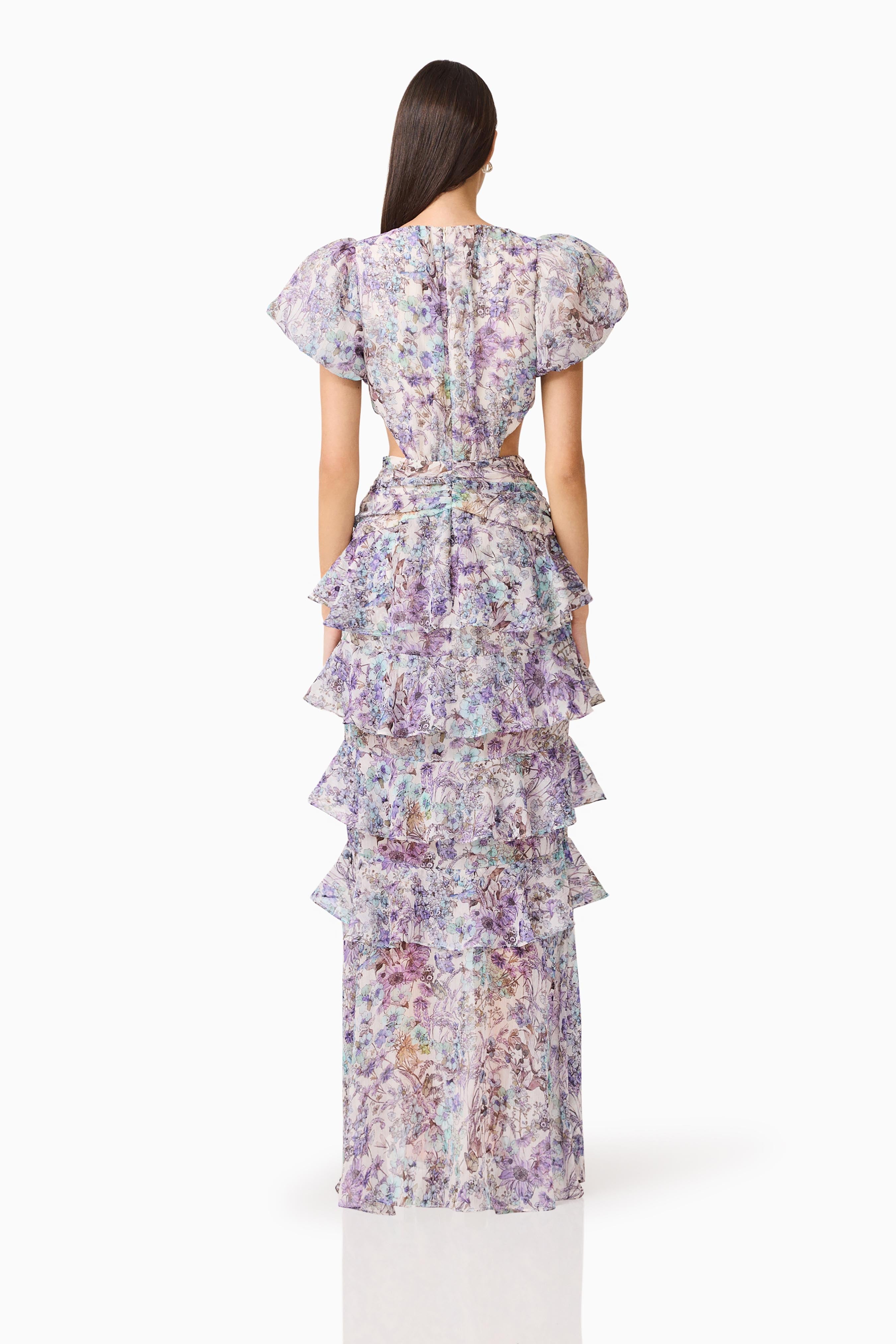 Rosaria Short Sleeve Gown in Purple Floral