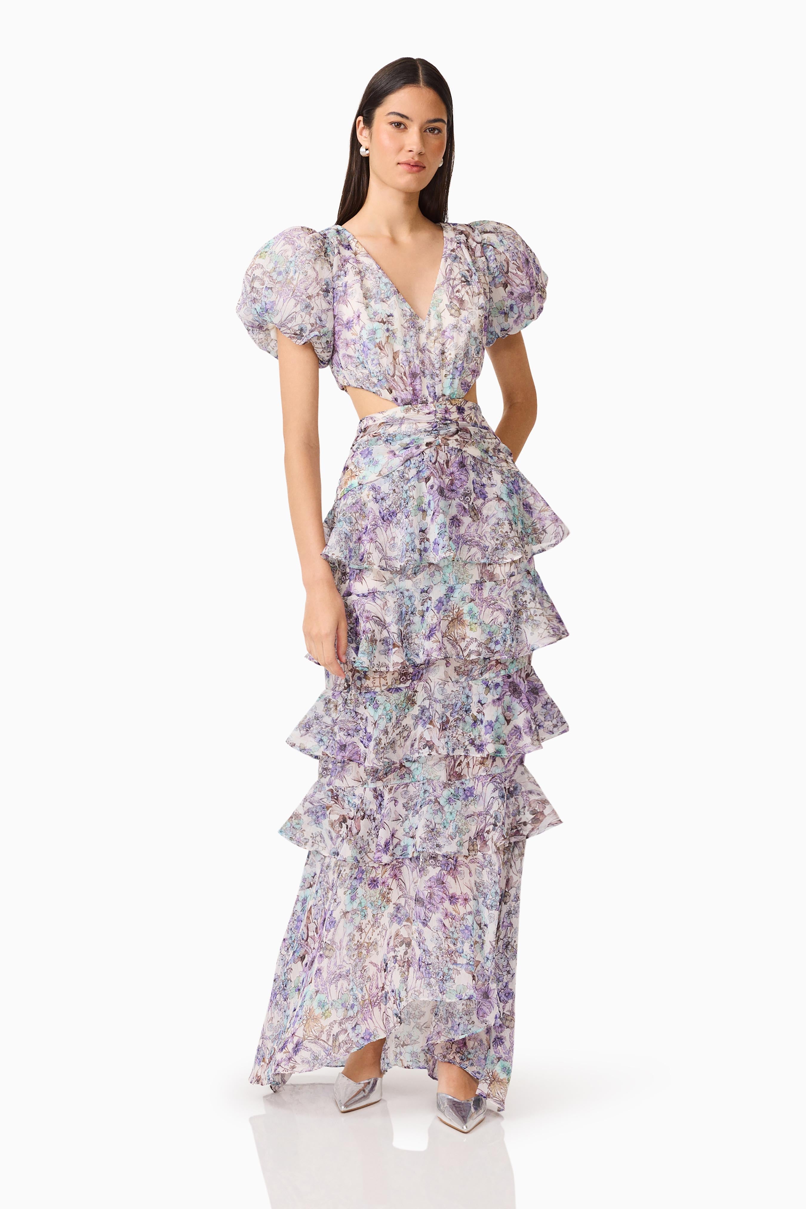 Rosaria Short Sleeve Gown in Purple Floral