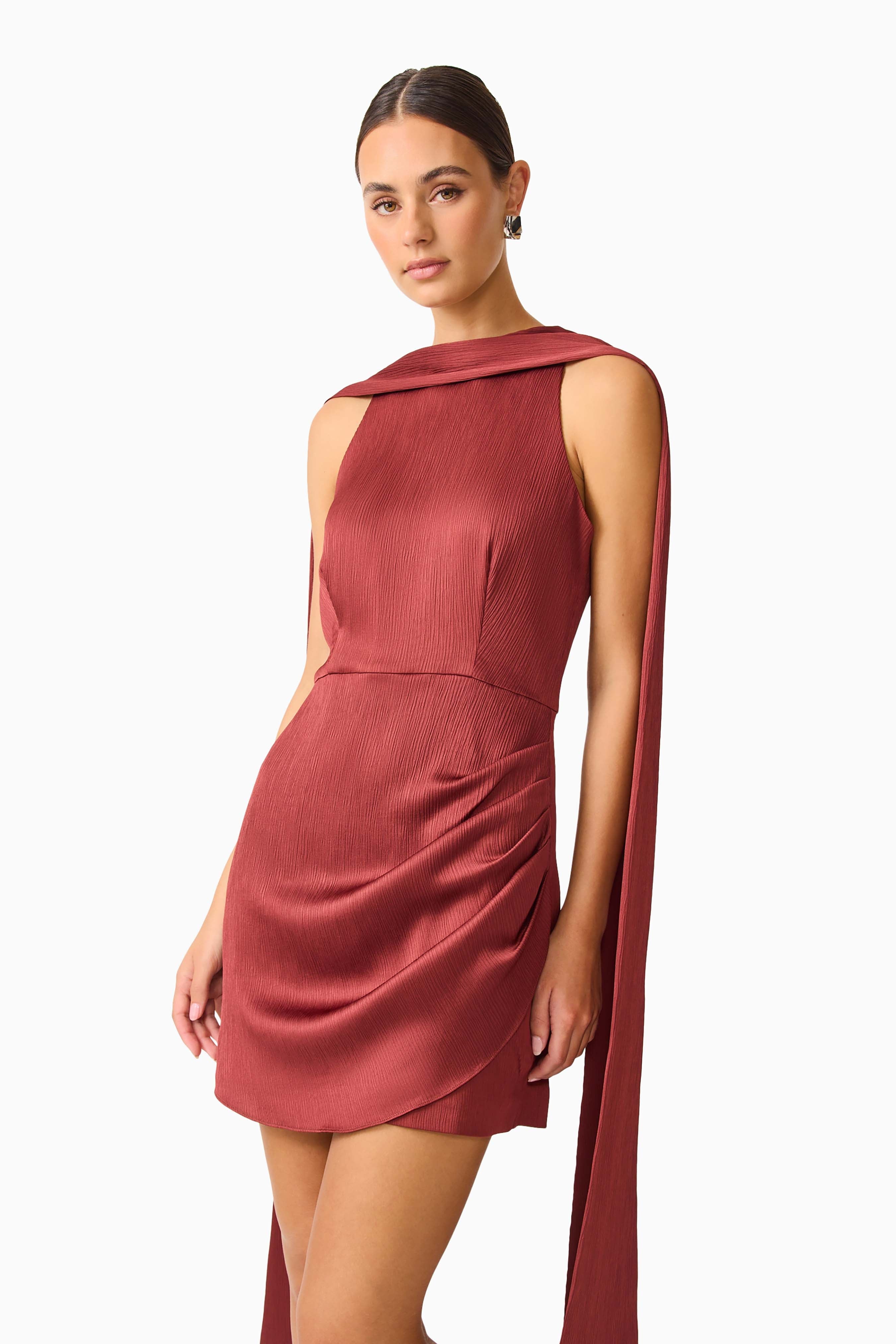 Calista Neck Scarf Mini Dress in Burgundy